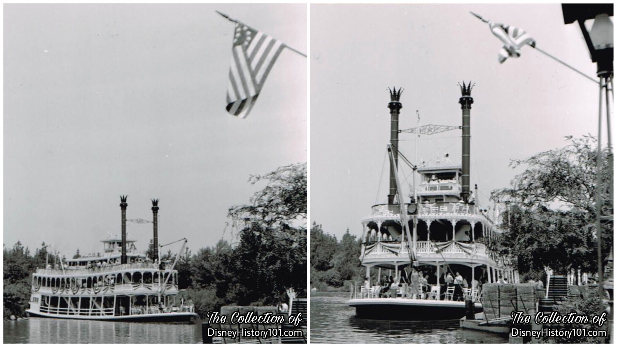  As a representation of a “Betsy Ross Flag” hangs over the dock, we are immediately transported back to the time of the mid-19th century - a time of steam-powered river boats on the romantic tree-lined Mississippi River. From the sound of the Mark Tw