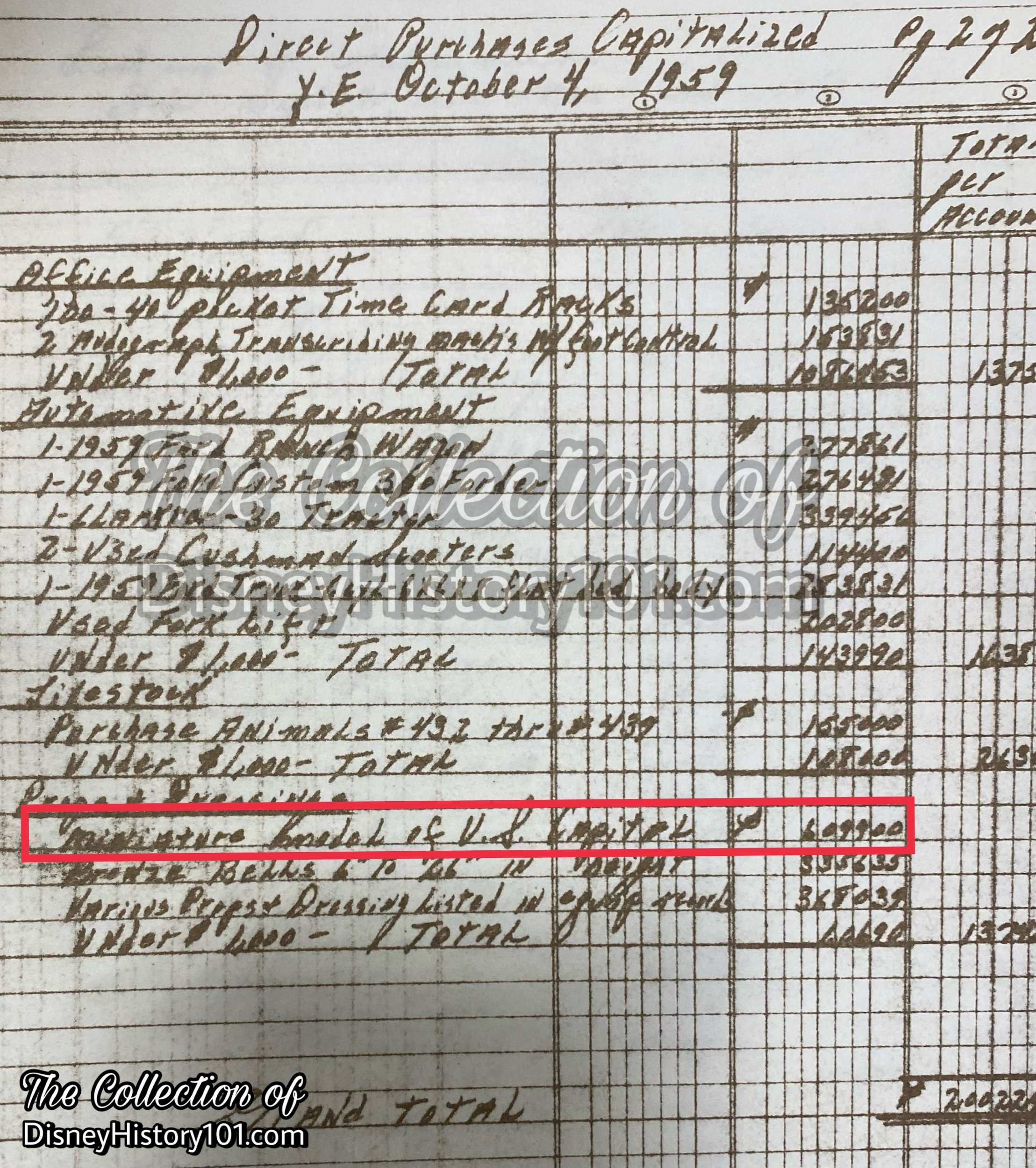 Disneyland Direct Purchases Capitalize; October 4, 1959.