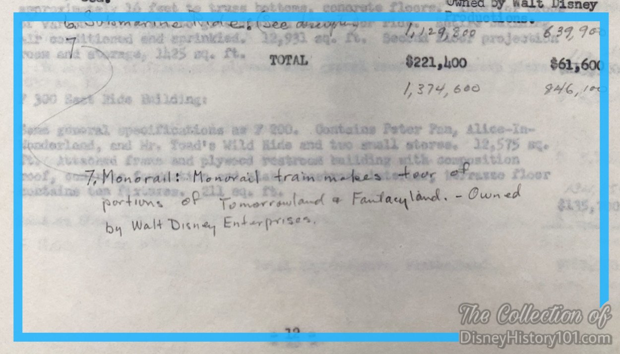 A hand-written note makes mention of the potential route of the Disneyland Monorail trains.