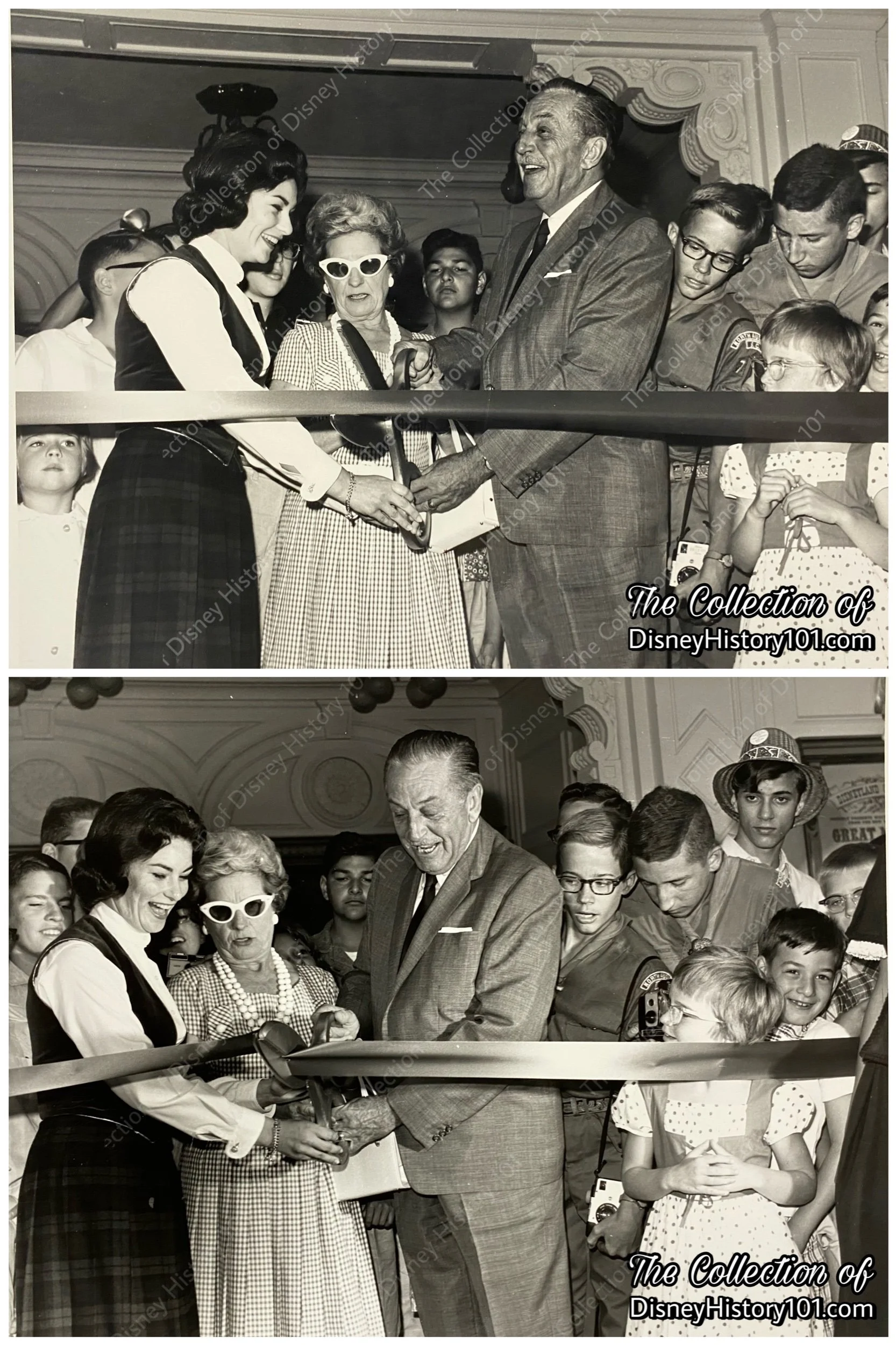 Walt & Lillian Disney and Disneyland Ambassador Julie Reihm open Great Moments with Mr. Lincoln courtesy of a giant pair of scissors.