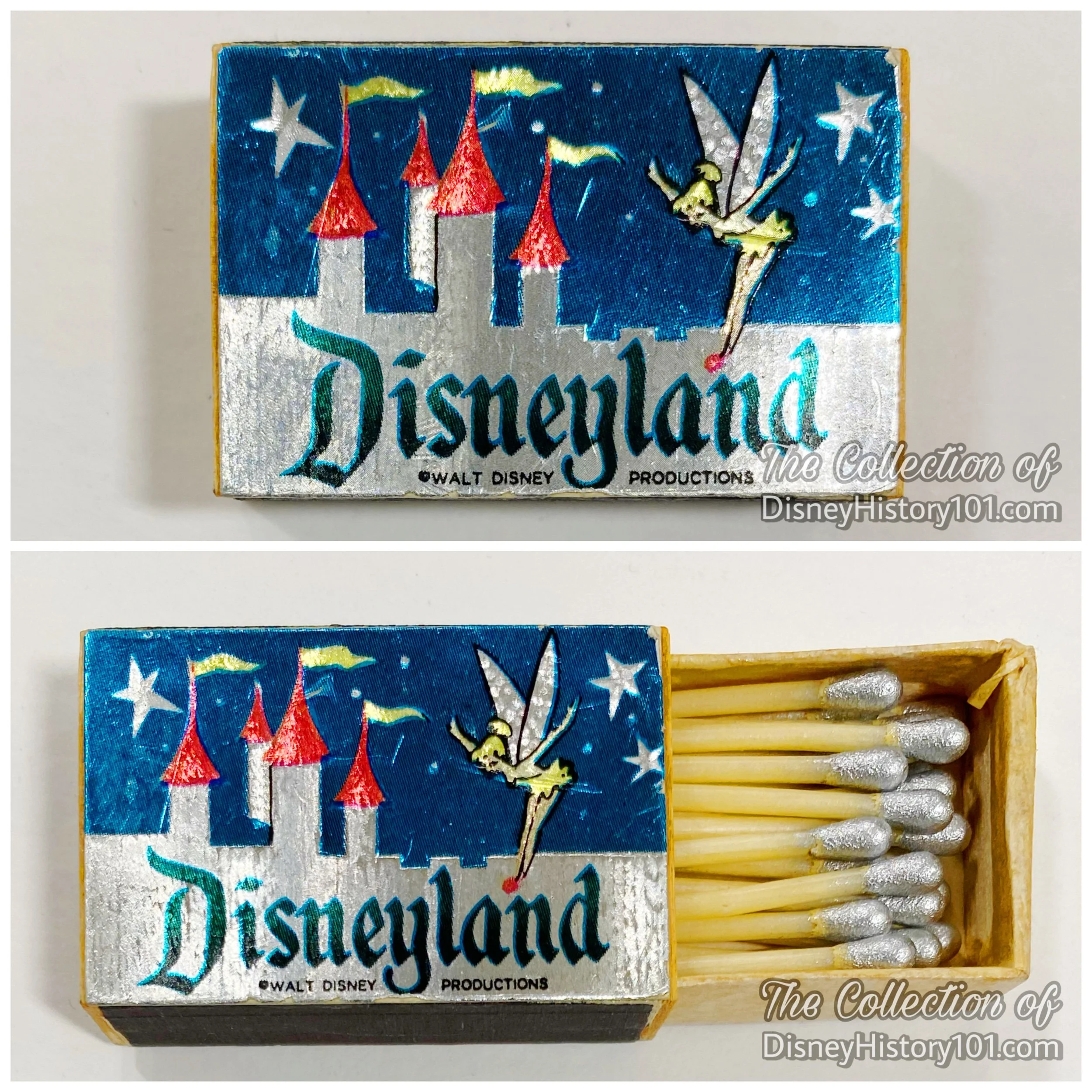 This match box full of silver-tipped matches was an early souvenir of Disneyland Park.
