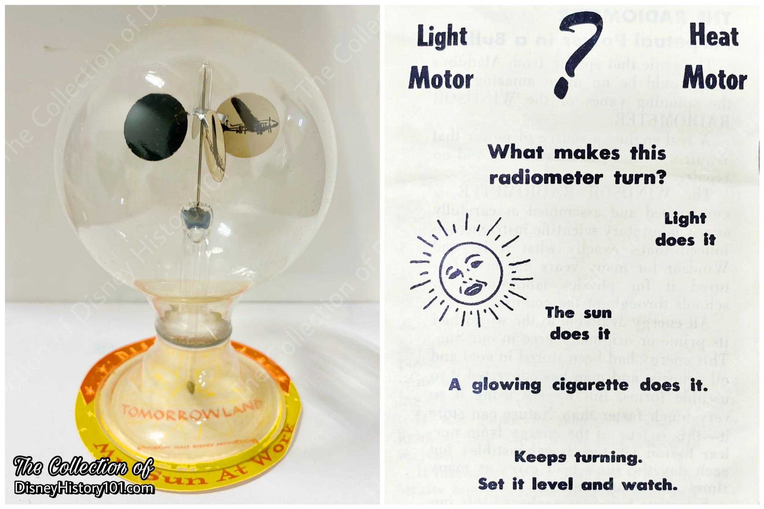 What makes the Mr. Sun radiometer turn? A glowing cigarette does the trick, according to instructions.