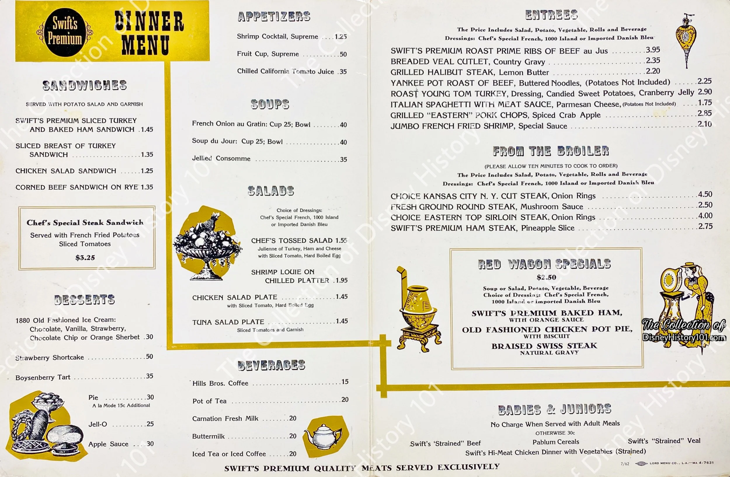  As aforementioned, the  Red Wagon Company  operated the  Red Wagon Inn , in addition to Swift Market House, Plantation House, and the  Snack Bar  in  Holidayland . At the  Red Wagon Inn , the children’s meal selections bore the names of popular char