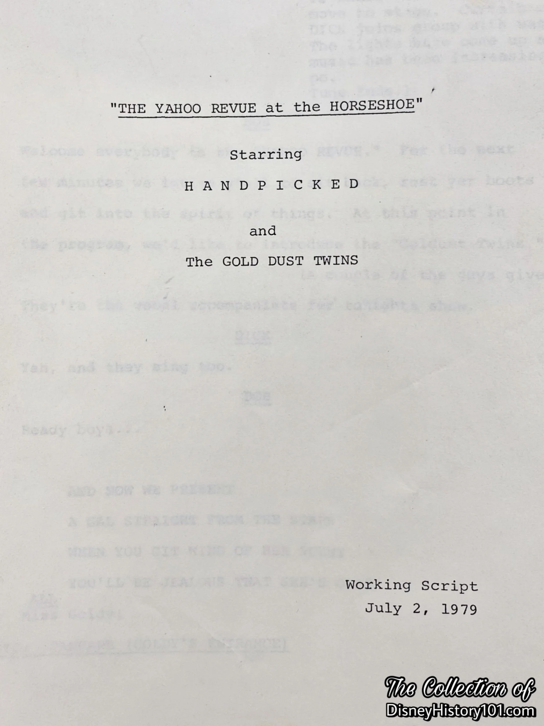 "THE YAHOO REVUE at the HORSESHOE" ; Working Script July 2, 1979.