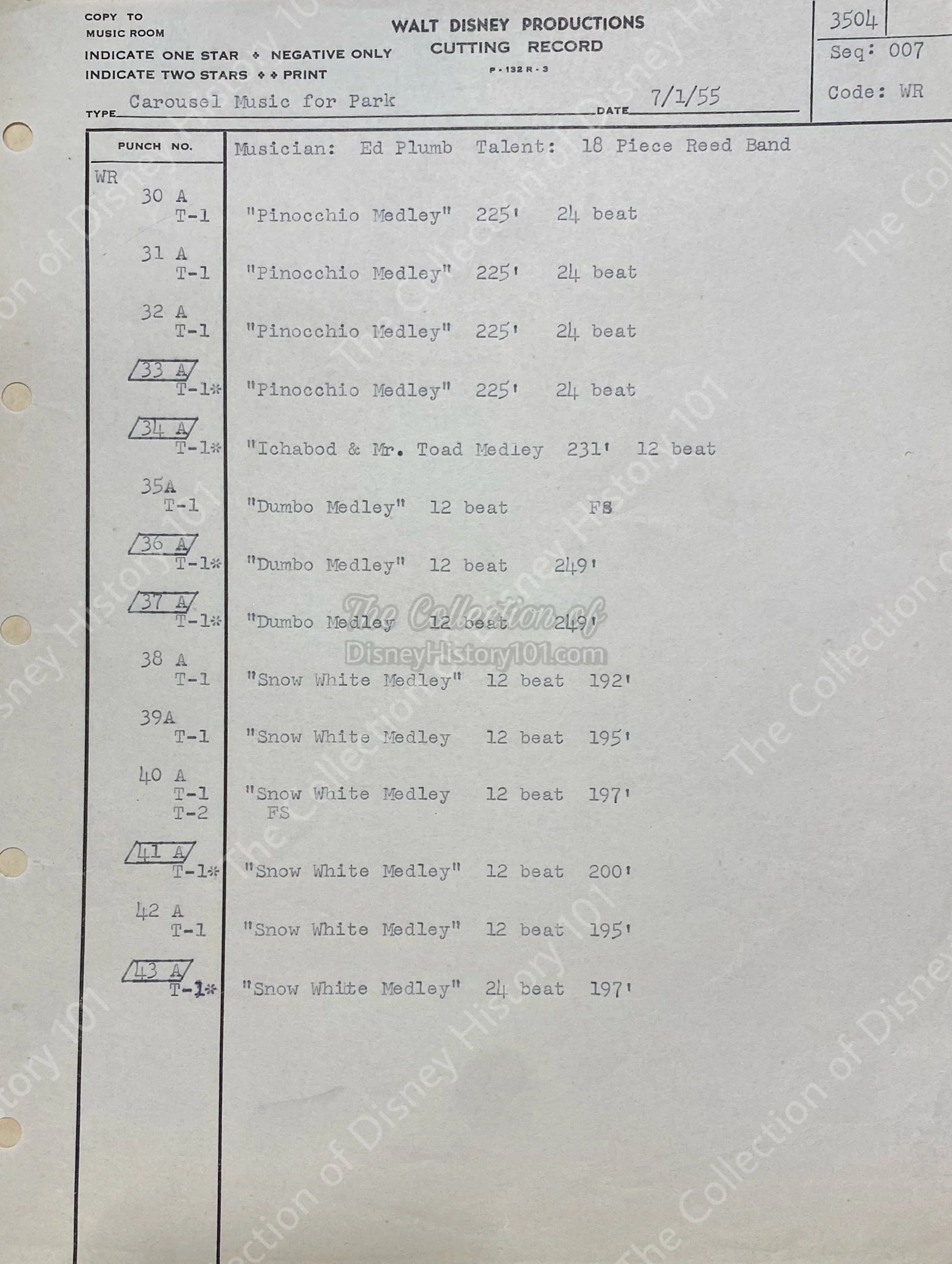 “Carousel Music for Park” Cutting Record Sheet, recorded July 1955; former collection of Walt Disney Productions composer Frederick Stark.
