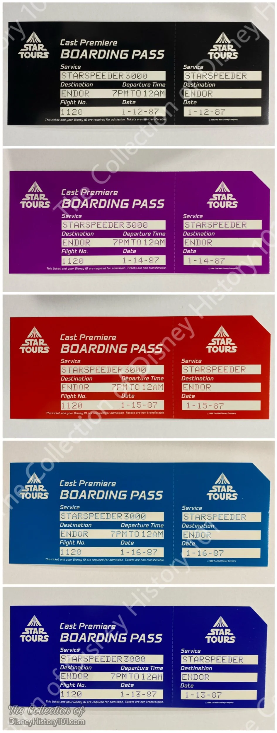 The Star Tours Cast Premier Boarding Pass (dated January 13-16, 1987) admitted Cast Members to board early flights. 