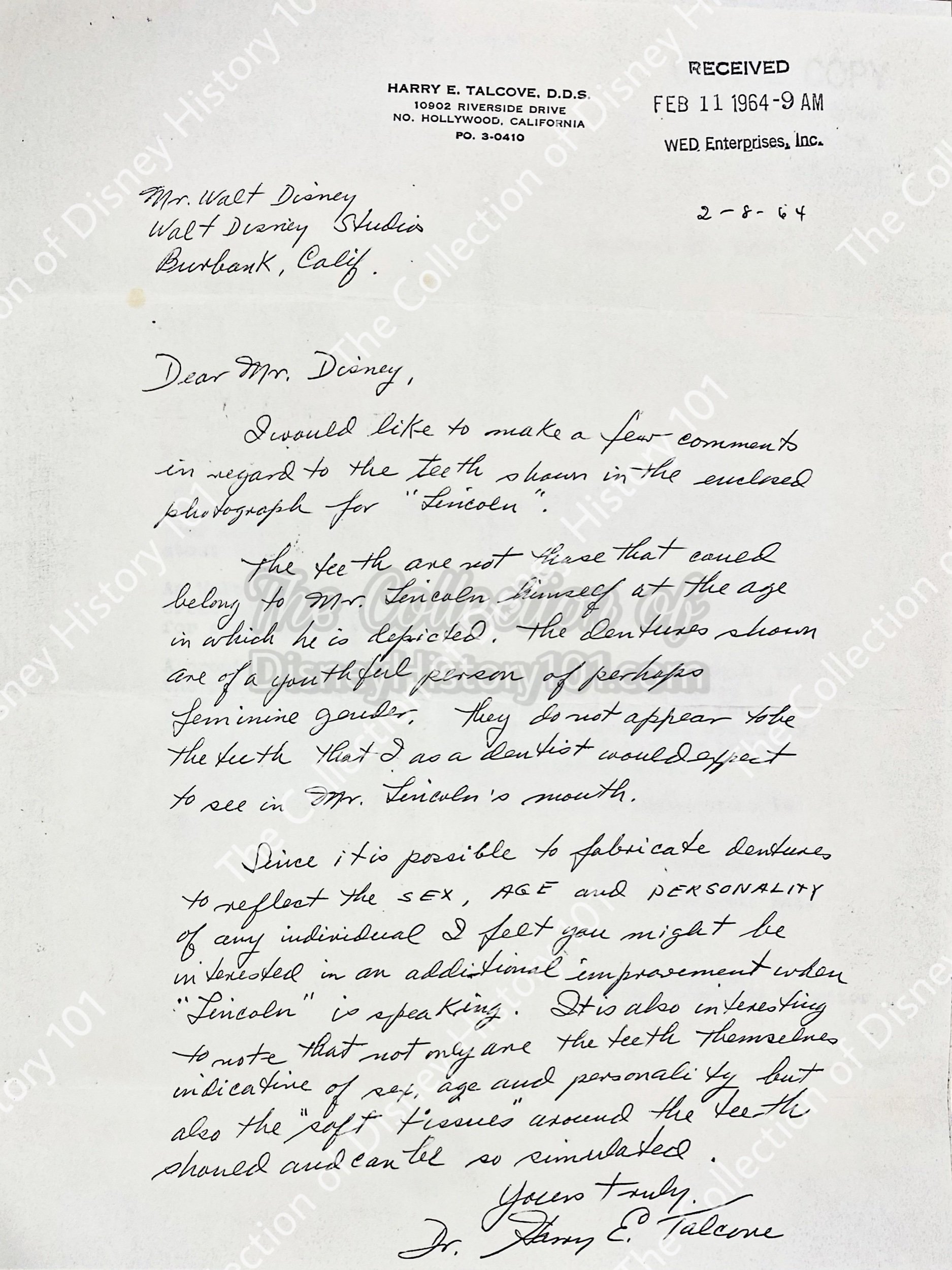  The dentures fabricated for the head were even scrutinized, as attested to in this letter to Walt Disney Productions from a contemporaneous, local Hollywood-based dentist who acted as a consultant for Mr. Lincoln. 