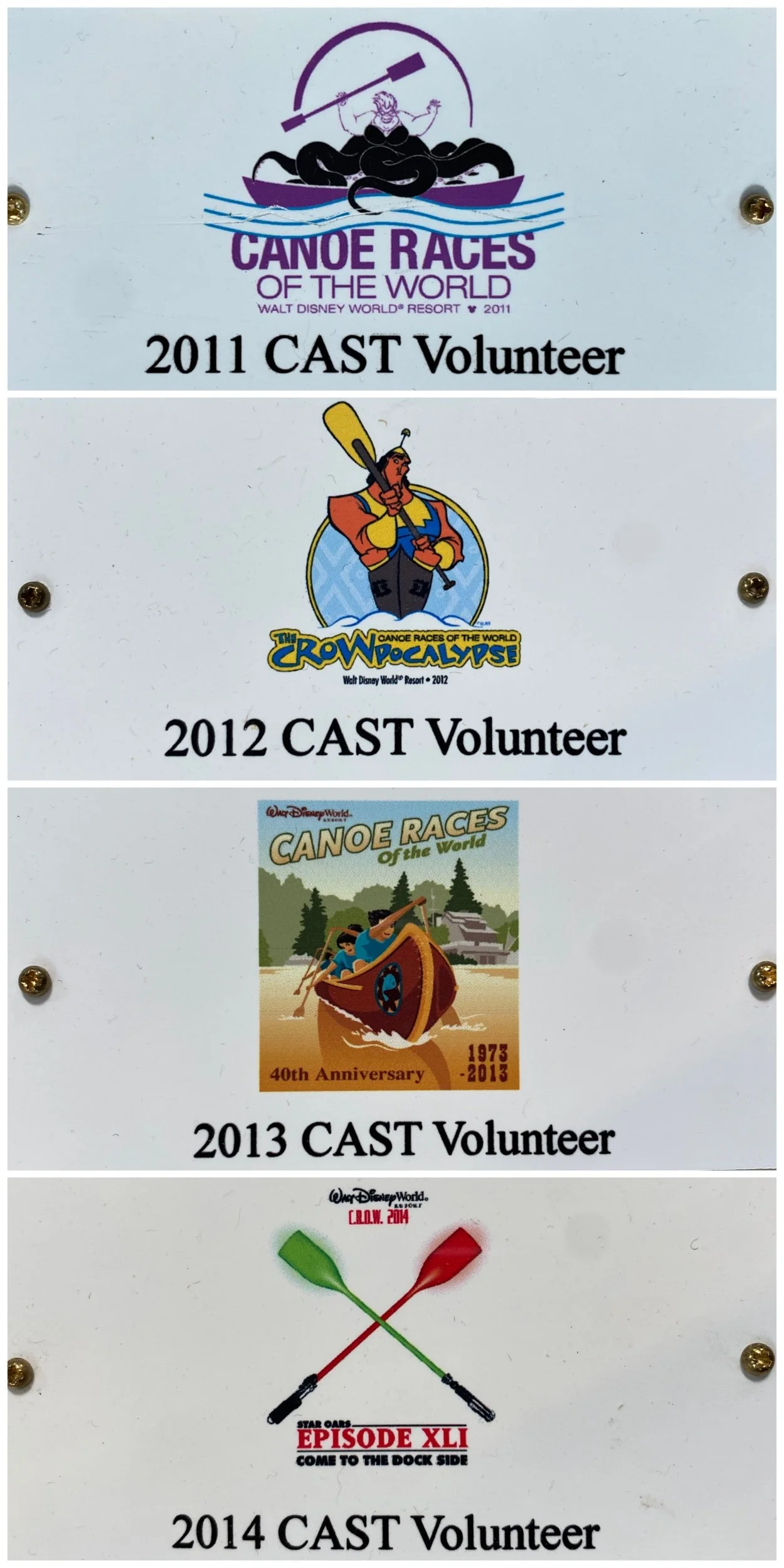  By the 1980s, Caviness Woodworking Co.., Inc. "Feather Brand" paddles (of Calhoun City, Miss.) were utilized by Disneyland and some of these were occasionally gifted to cast Members who volunteered for Officials. 