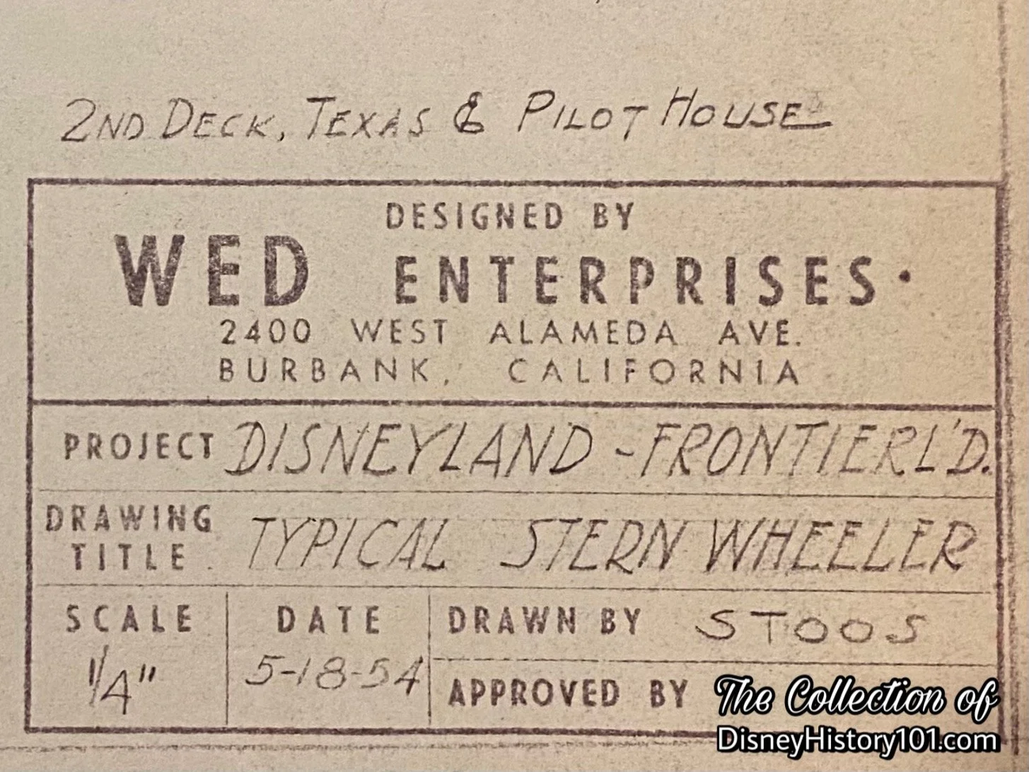 “Disneyland - Frontierland Typical Stern Wheeler” title block by John Stoos; May 18, 1954