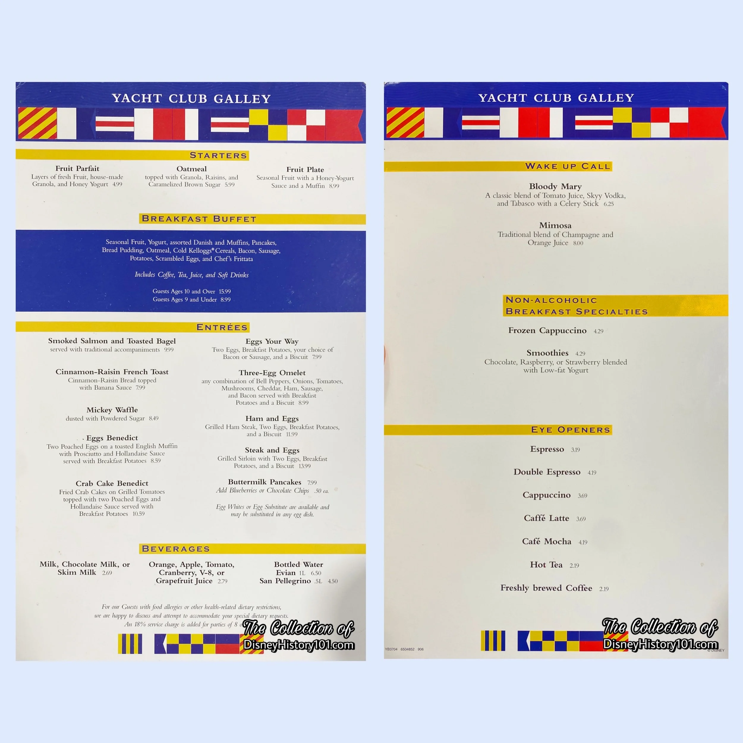 The Yacht Club Galley Menu, with nautical flags like the bygone Yacht Bar at Disneyland.
