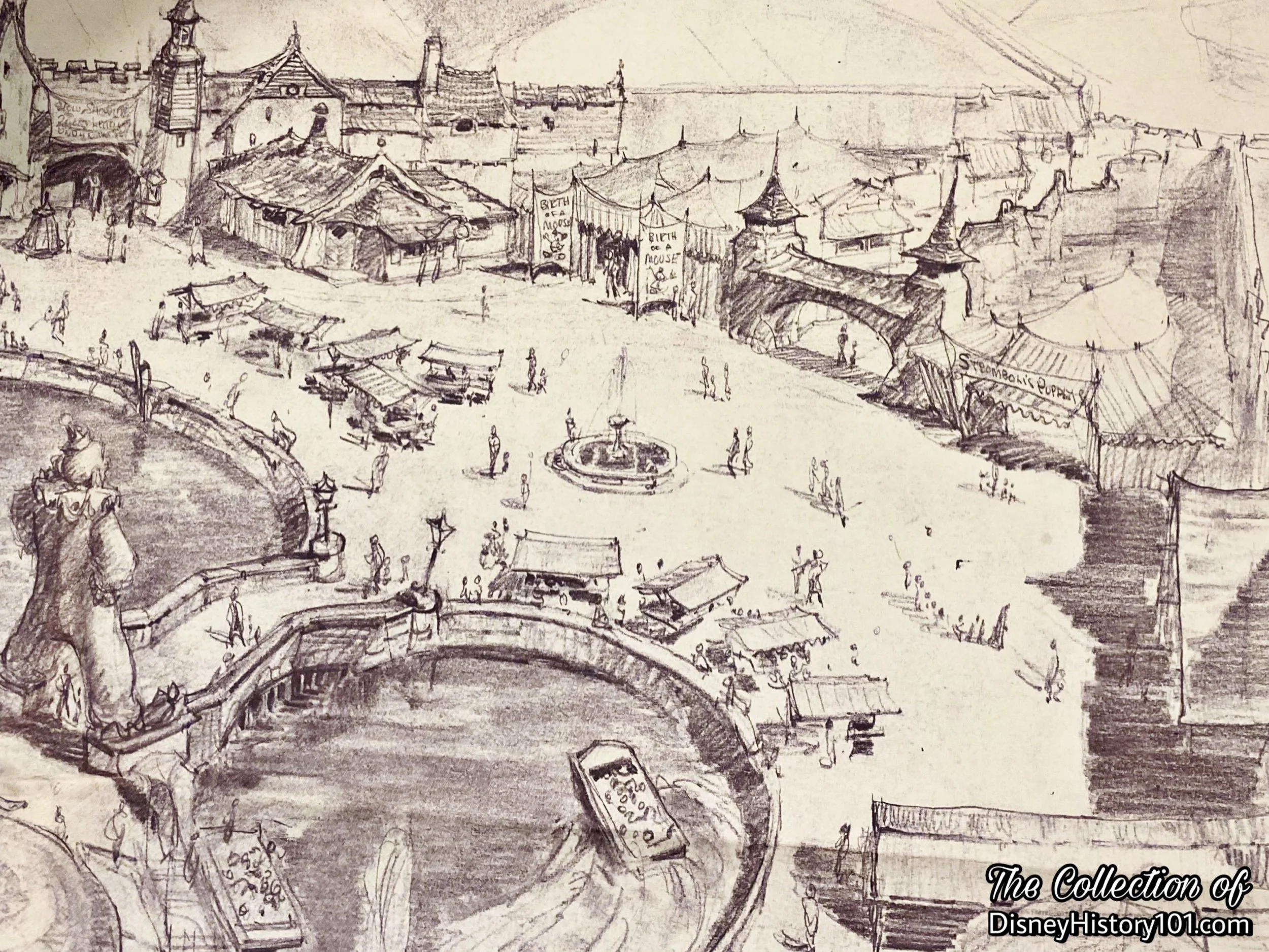  Amidst his loose line work, Walt Disney Studio artist  Bruce   Bushman  (who was also affiliated with   Bradley &amp; Kaye  ) suggested a Stromboli Puppet theater in an area inspired by Pinocchio’s village, a gravity-flow canal ride featuring Monstr
