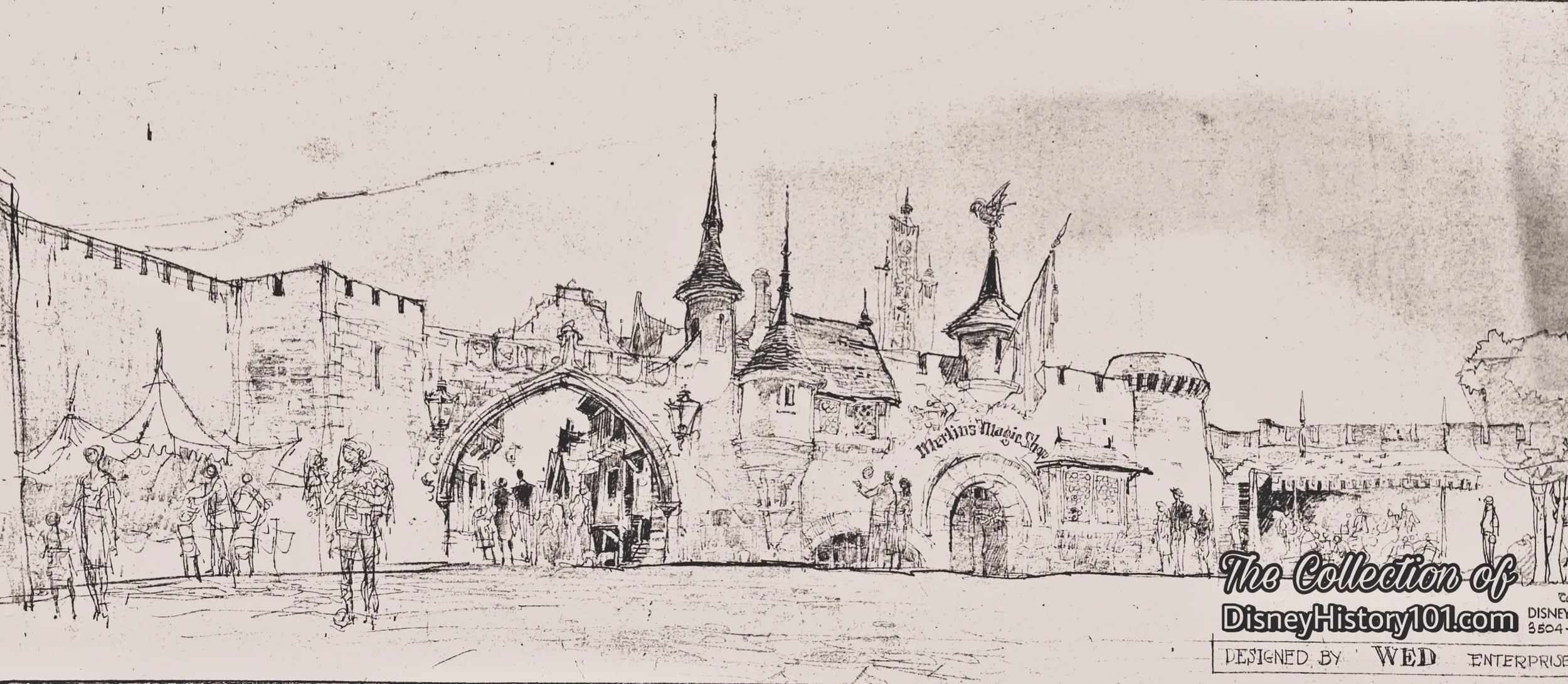   Herb Ryman ’s subsequent  “colored pencil on Brownline”  concepts of  Fantasyland  depicted  “   Merlin’s Magic Shop   ”  built into the castle wall of  “   Sleeping Beauty Castle Courtyard   ”  as  “Walt’s original intent for Fantasyland - until b