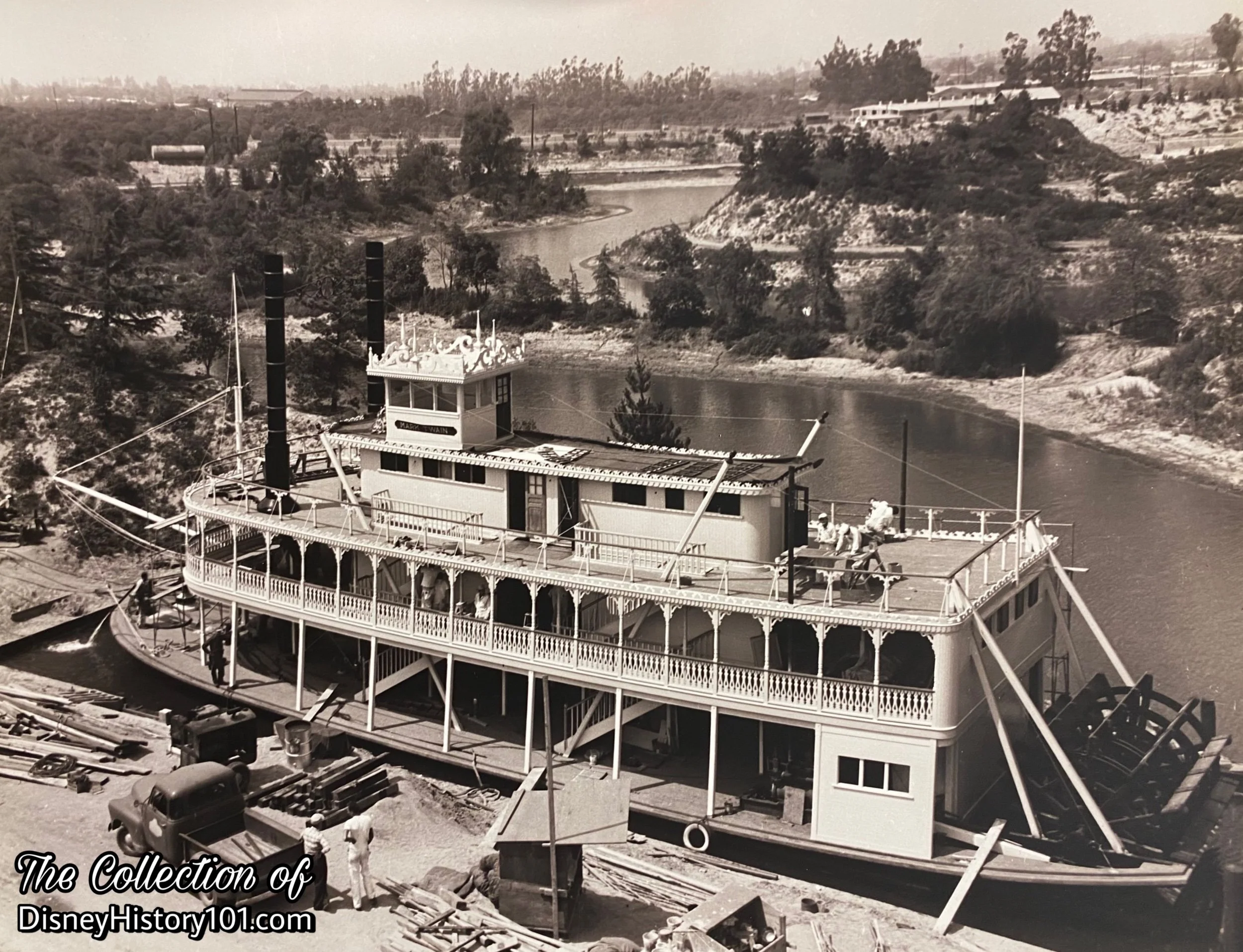    “Re-Construction at Disneyland”    Because of its massive size, the Mark Twain (108 feet long, 150 tons, was much too large and heavy to move through the doors of the giant sound stage of the Disney Studio. It was built only to be disassembled for