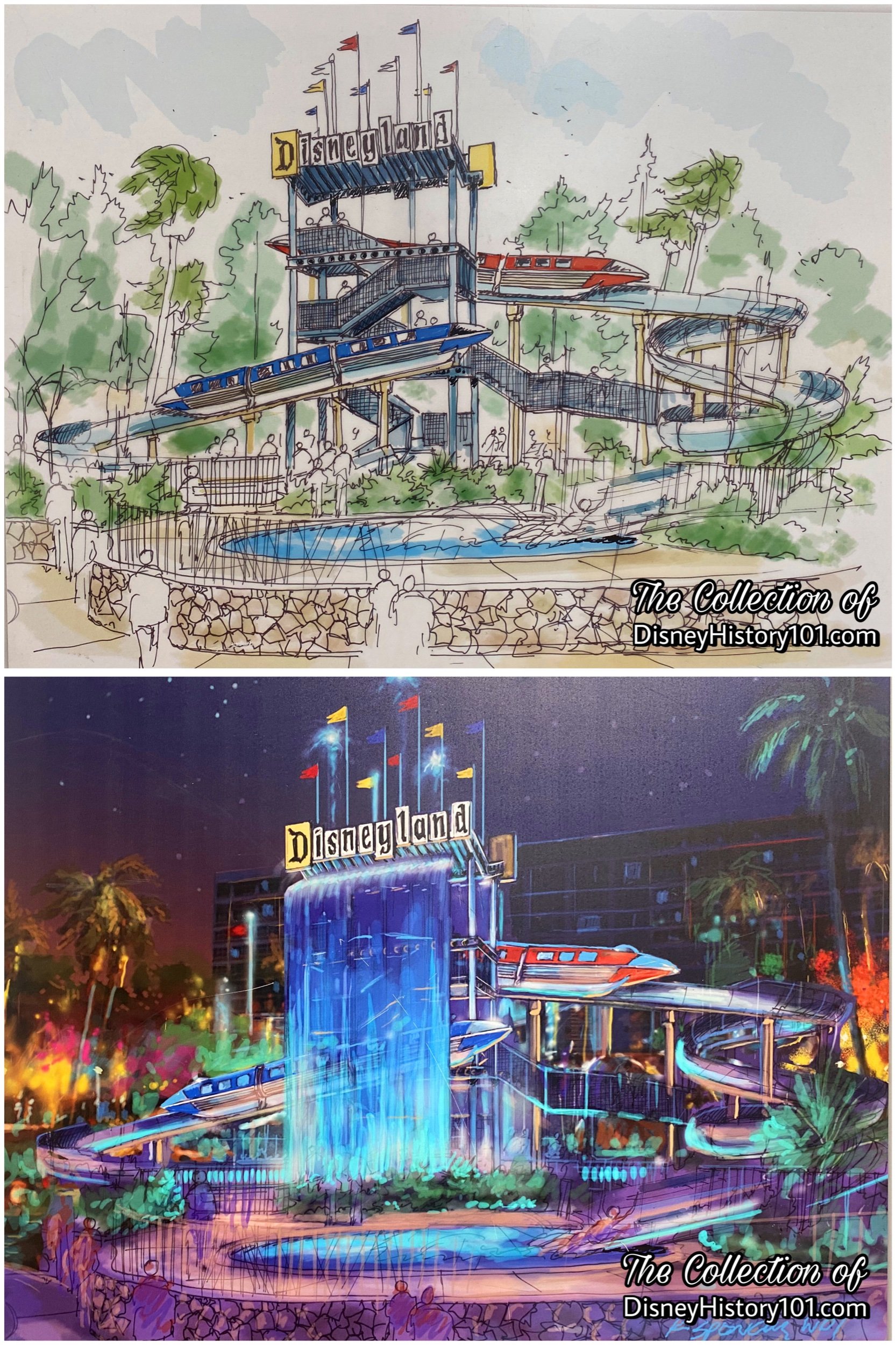 Crossing Monorails arrived at the Disneyland Hotel when two monorail-themed waterslides debuted over the Neverland Pool in 2011.