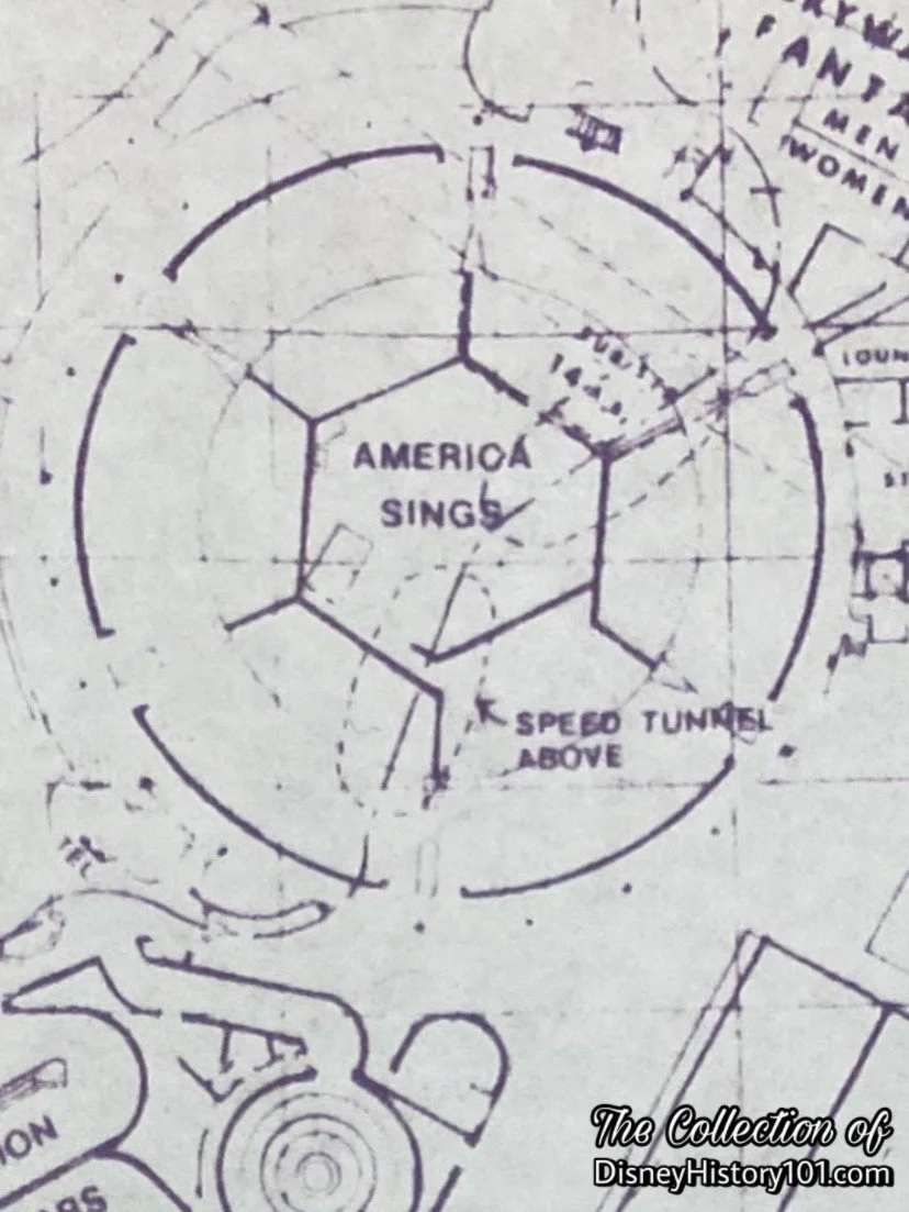 The Speed Tunnel depicted over America Sings on plans for Disneyland; September 1977.