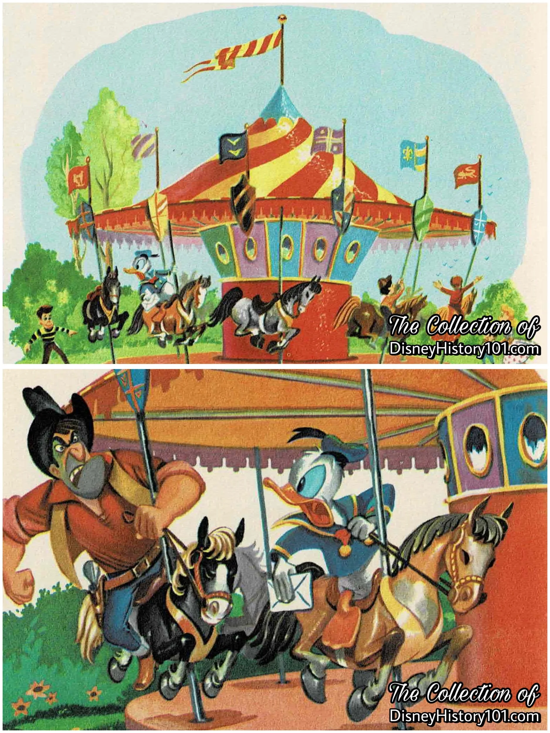 The carousel as featured in the inner cover and pages of “Walt Disney’s Donald Duck”, by Whitman, Copyright © 1955 by Walt Disney Productions.