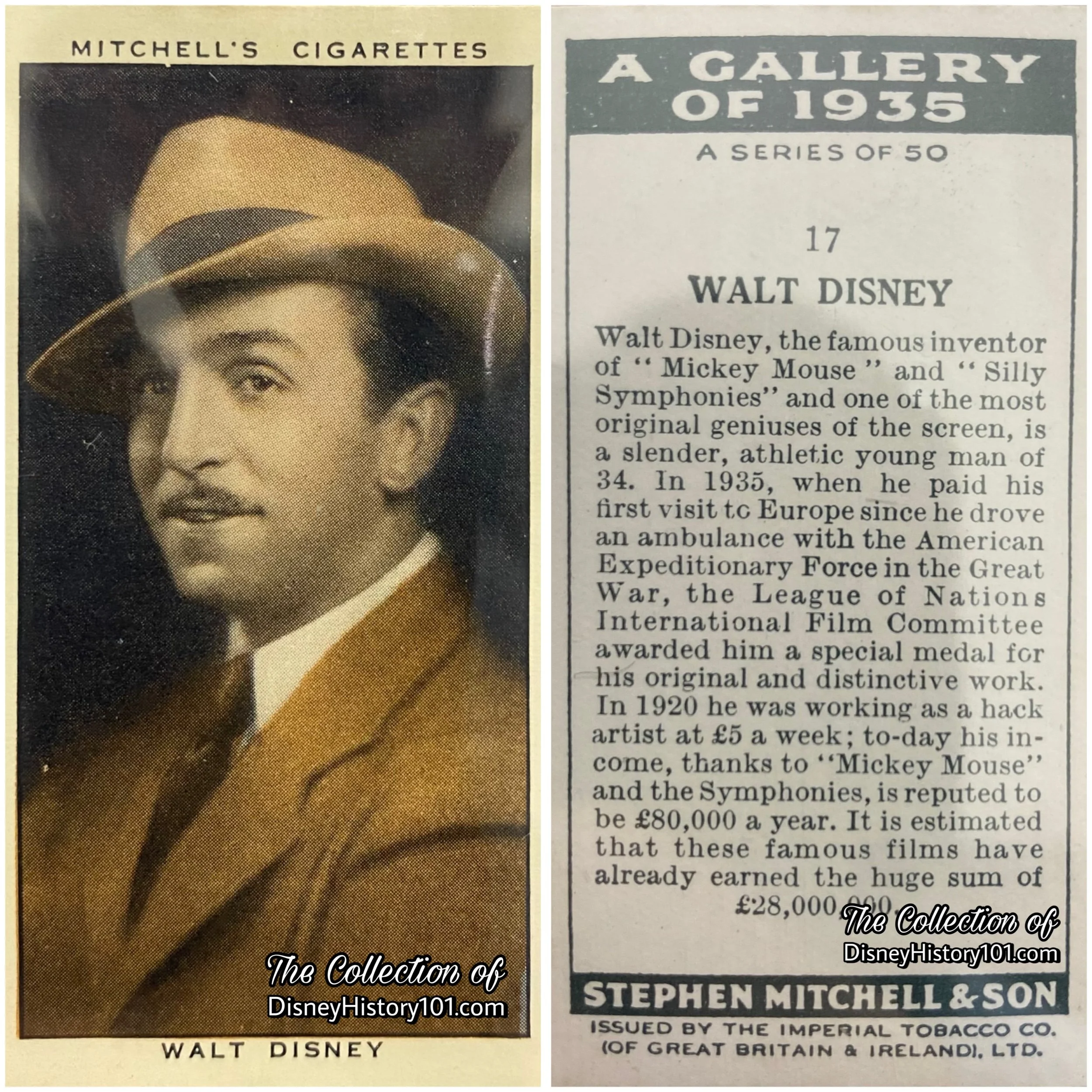 Walt Disney (and a short biography) is featured on a Mitchell's Cigarettes "A Gallery of 1935" collector card.