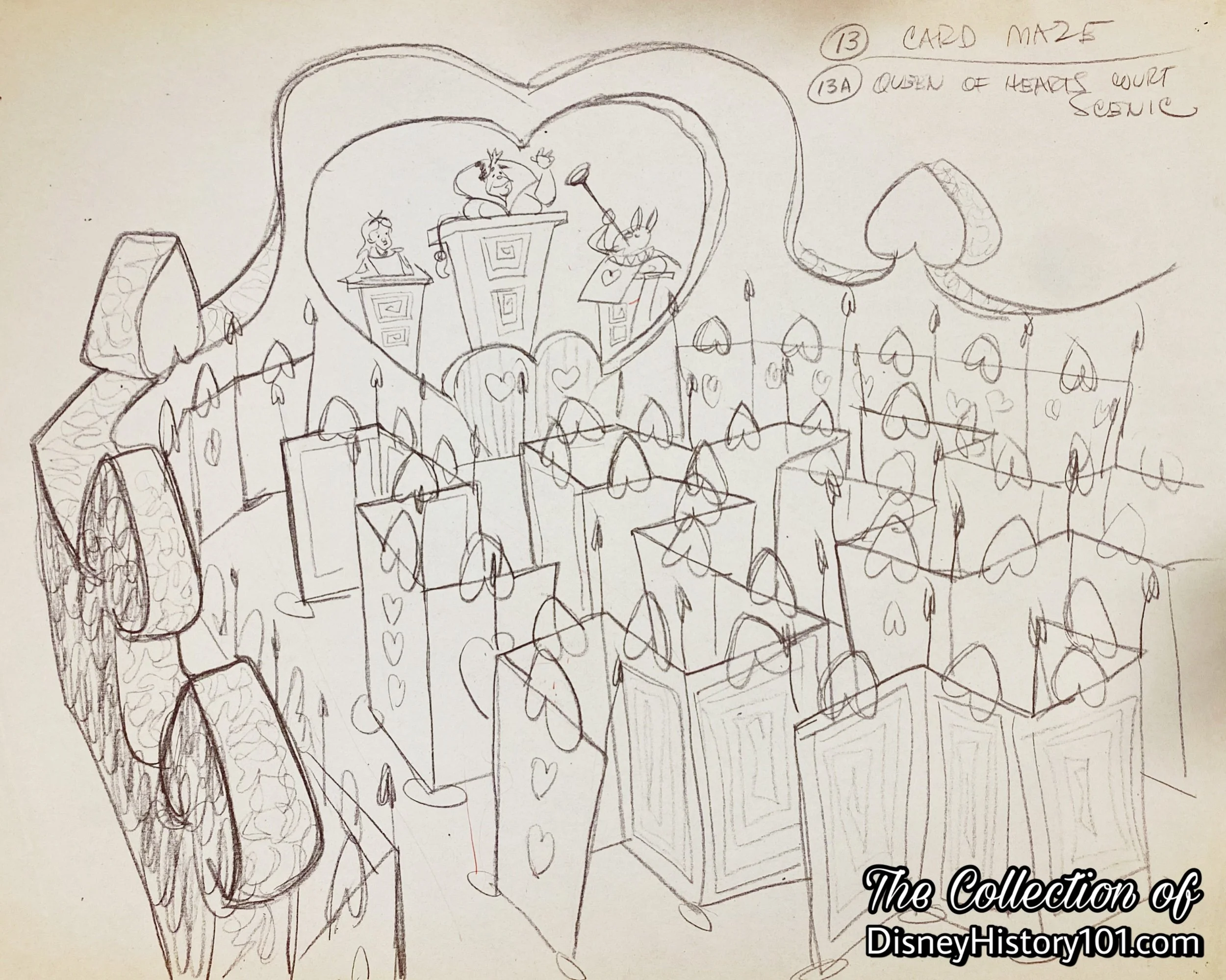 Show Design concept artwork of the Card Maze and Queen of Hearts Court scenic by an unknown artist; possibly Bruce Bushman.