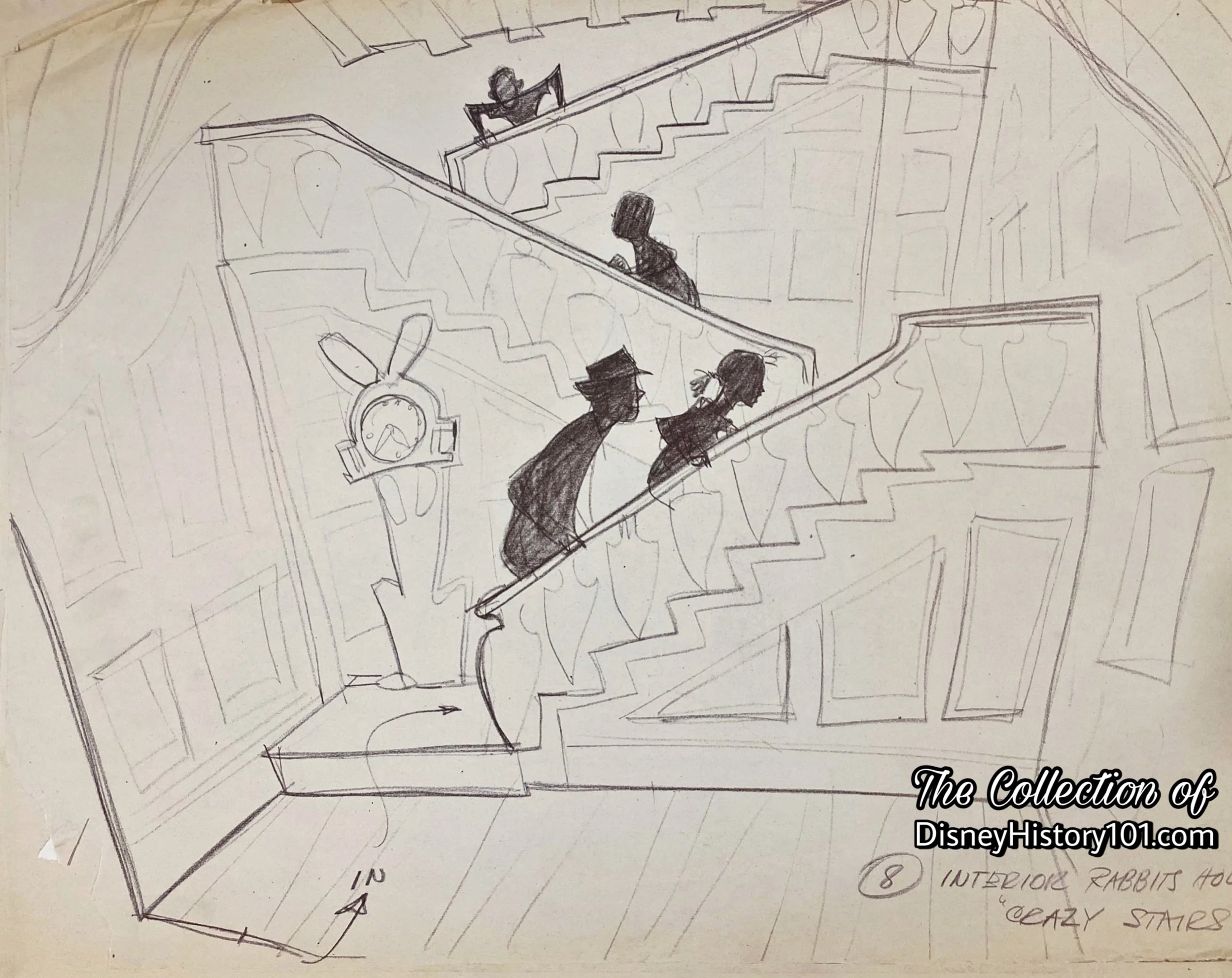 Show Design concept artwork of the “Crazy Stairs” feature of the “Interior Rabbit’s House” was developed by an unknown artist; possibly Bruce Bushman.