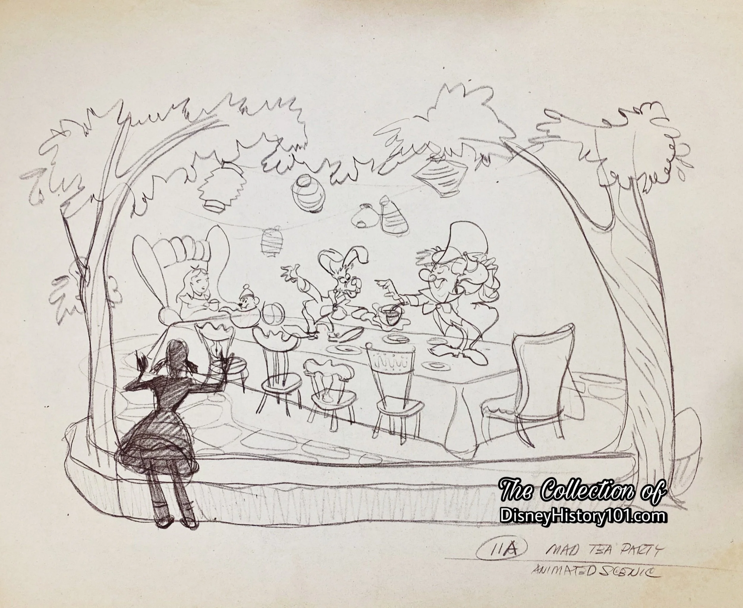 Show Design concept layout for a Mad Tea Party scenic, the black and white rendering by an unknown artist; possibly Bruce Bushman, showing the basic composition of a scene.