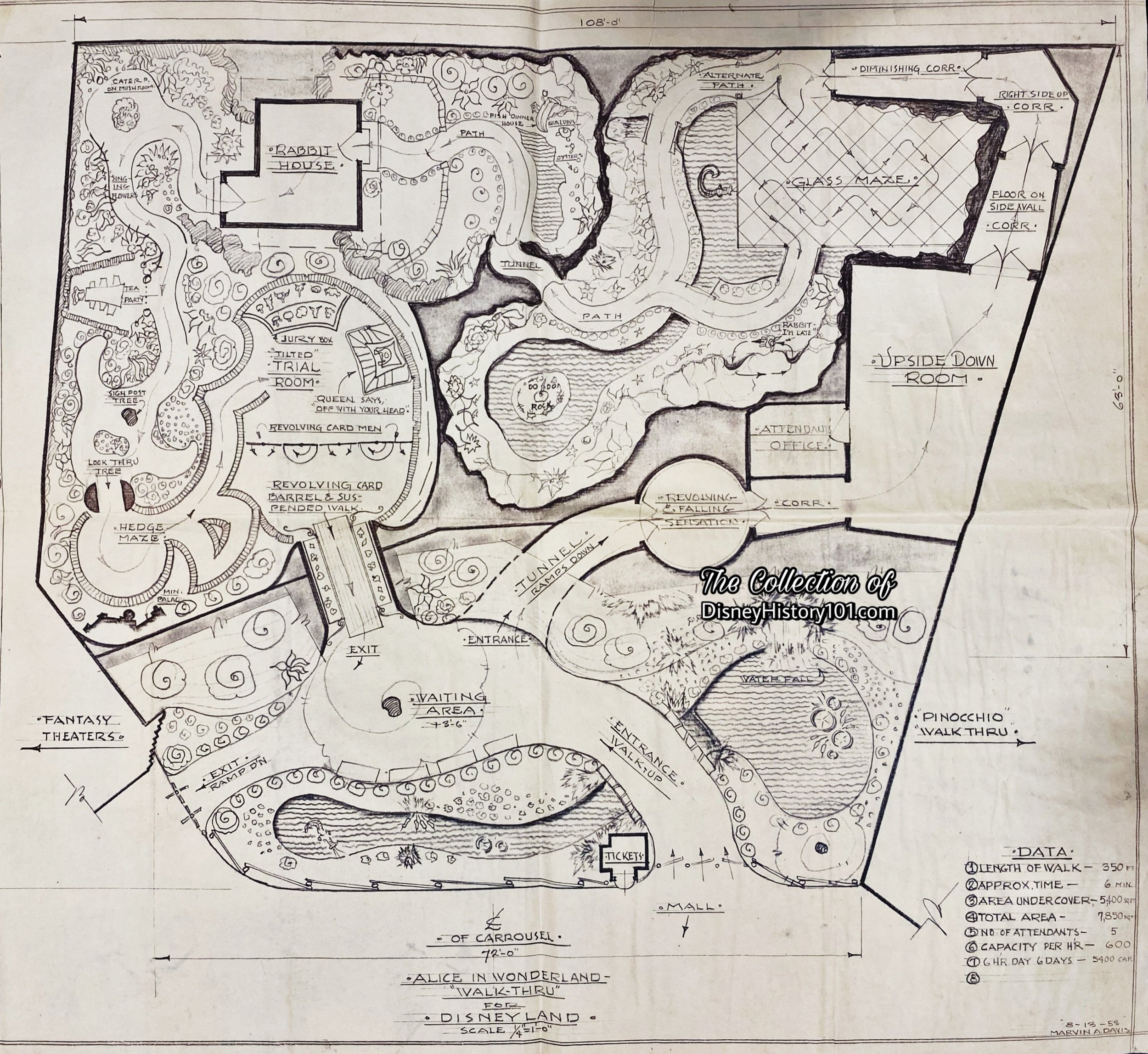 “Alice in Wonderland Walk-Thru for Disneyland” by Marvin E. Davis; prepared by 8-13-58.