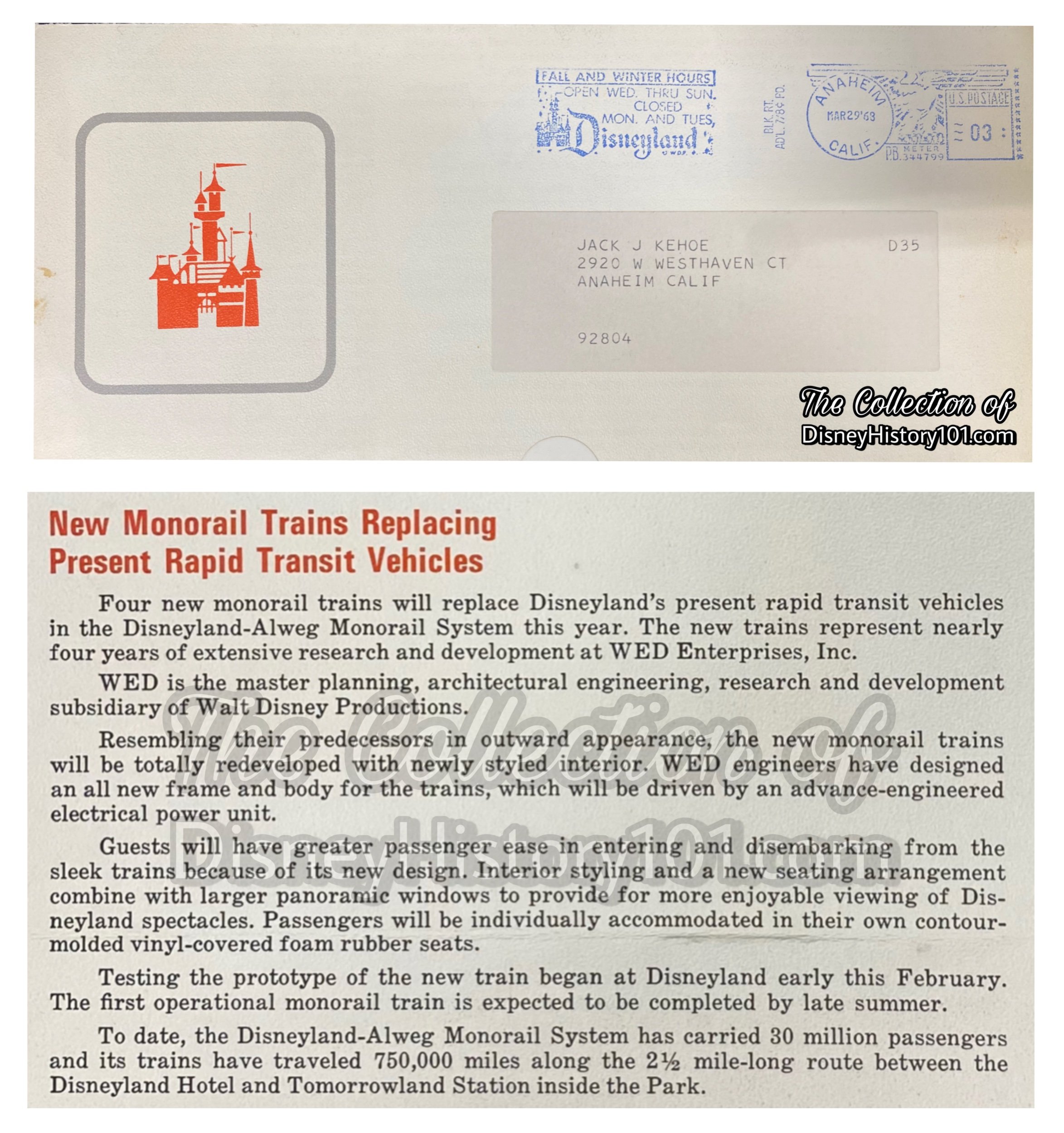 New New Monorail Trains Replacing Present Rapid Transit Vehicles announced via “Inside Disneyland” News and Views, March 1963.