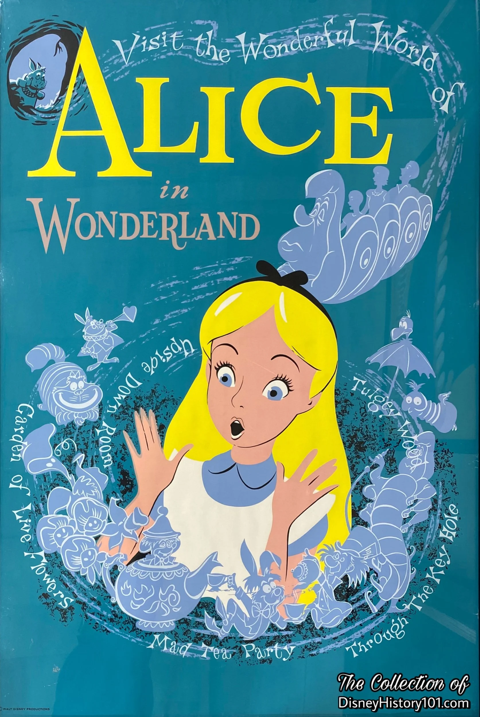 A 1958 silkscreened Disneyland Park® poster advertising Alice in Wonderland, by Sam McKim, 1958.