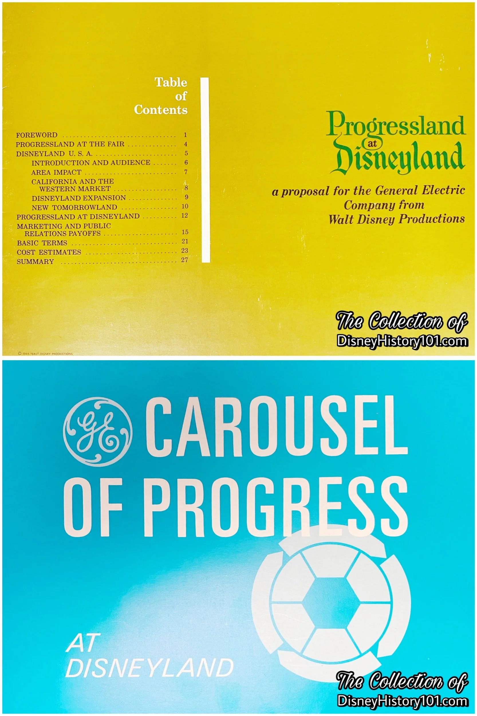 “Progressland at Disneyland a proposal for the General Electric Company from Walt Disney Productions” and “GE Carousel of Progress at Disneyland”