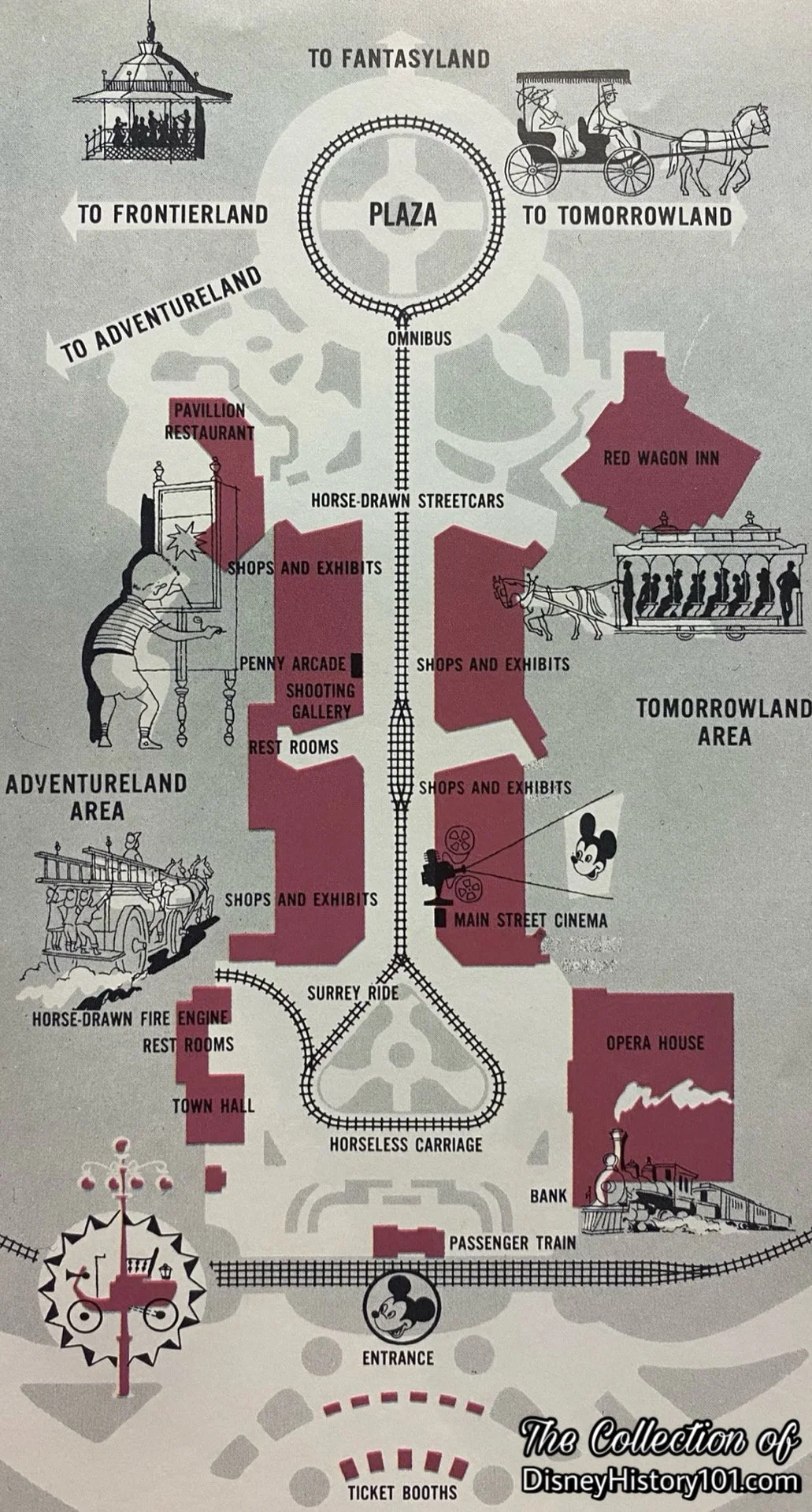 The Disneyland Bandstand is located off the Plaza in this illustration prepared for a 1956 Guide Book.
