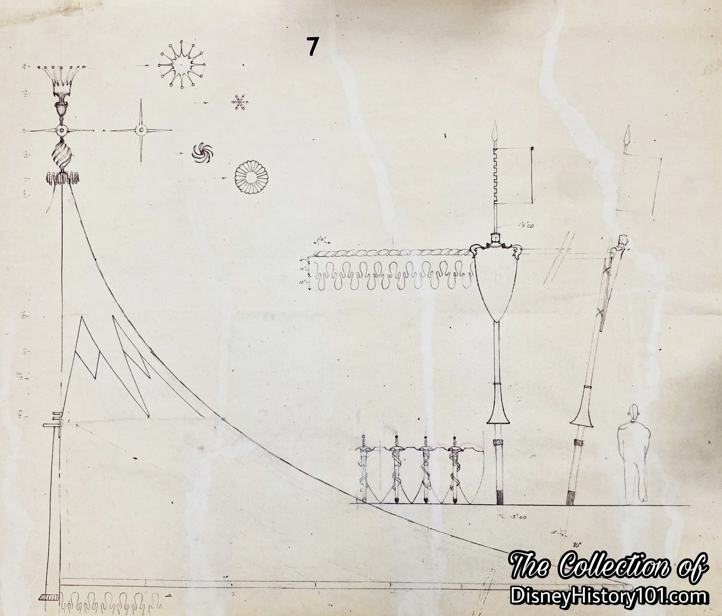 Elevations for Shields, Swords, Lances, and Crown Finial.