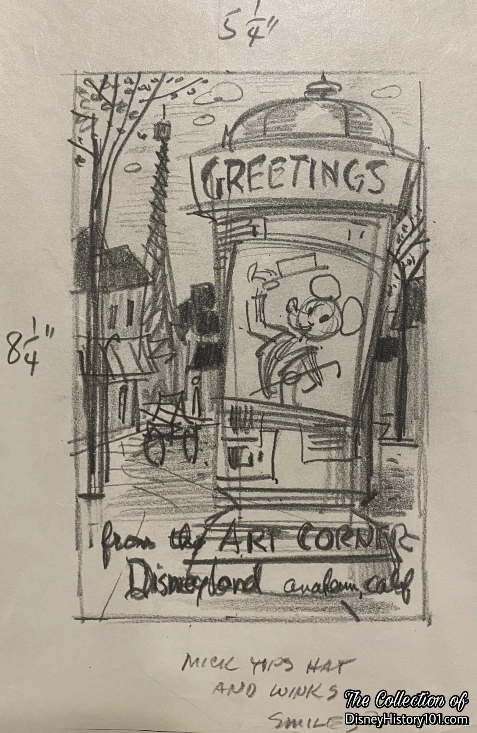 The Streets of Paris were the subject of a Mickey Mouse Greetings from the Art Corner at Disneyland Postcard Concept Drawing.