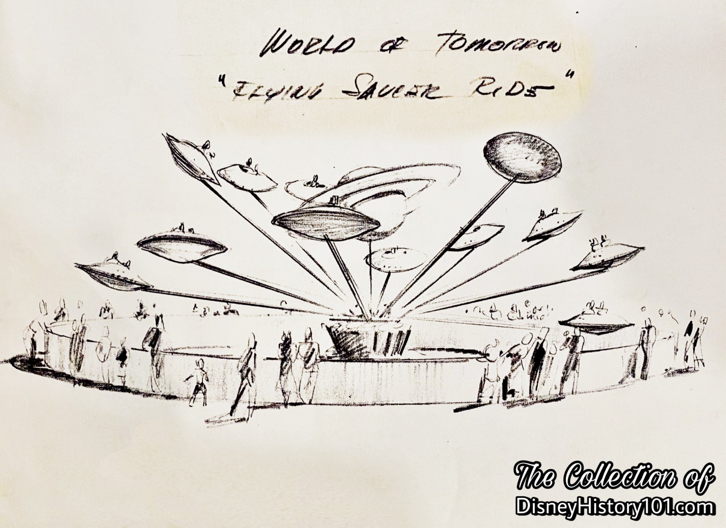 A Bradley & Kaye artist produced this World of Tomorrow Flying Saucer Ride concept for Disneyland, Inc.