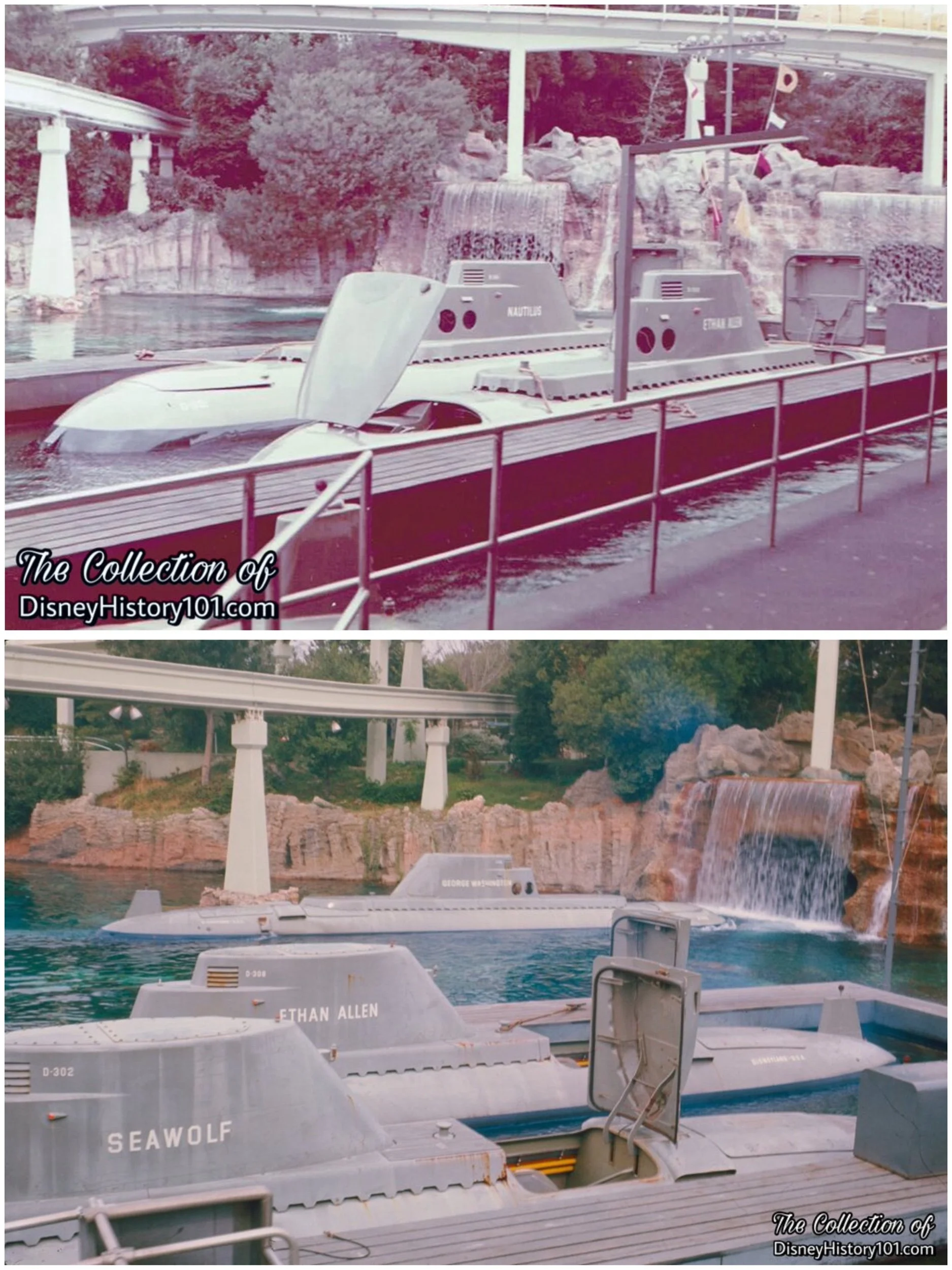 Above: The Ethan Allen and Seawolf at the Storage Dock as the George Washington enters Sub Caverns' Entrance Falls, November, 1967.