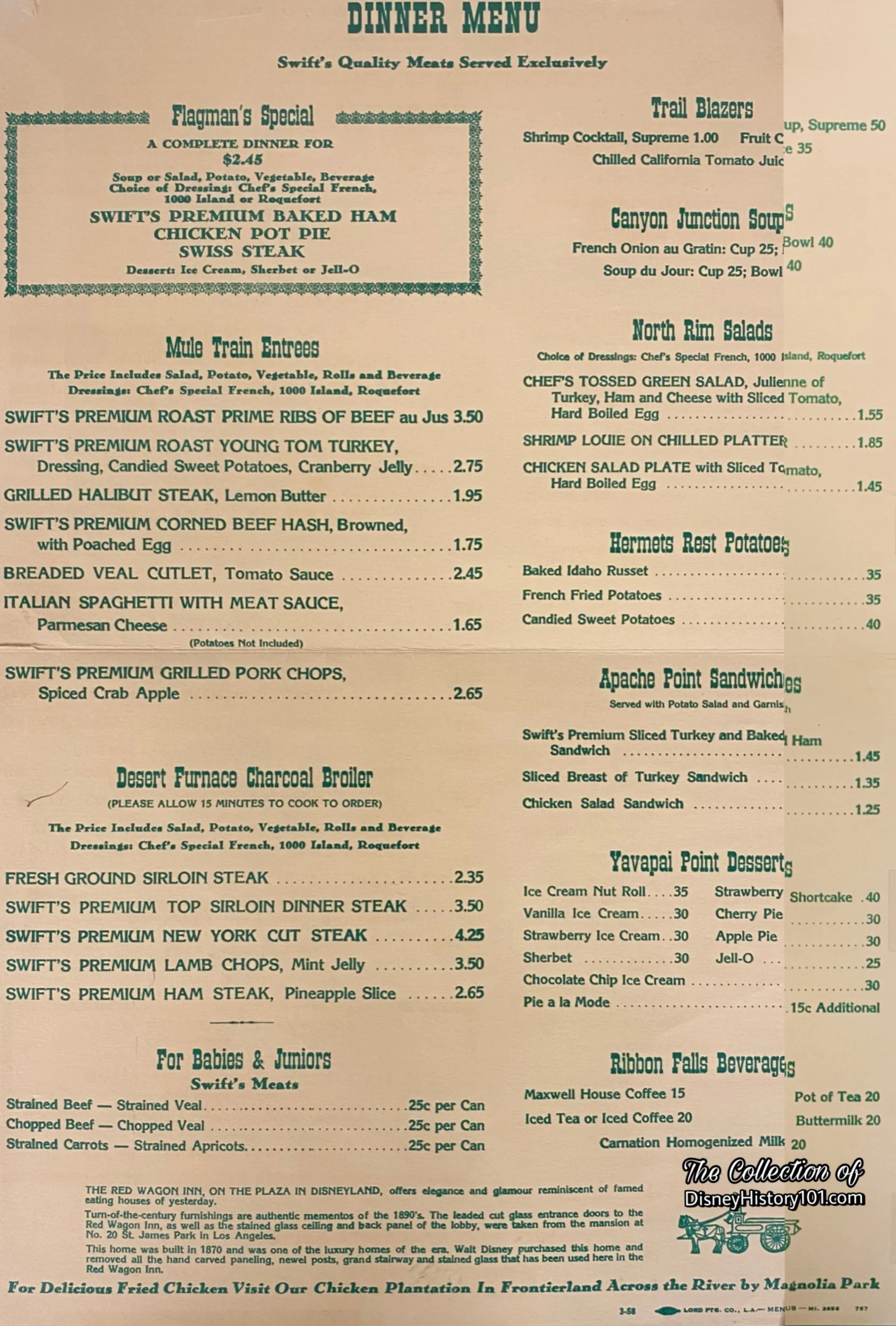 Plaza Inn Dinner Menu.