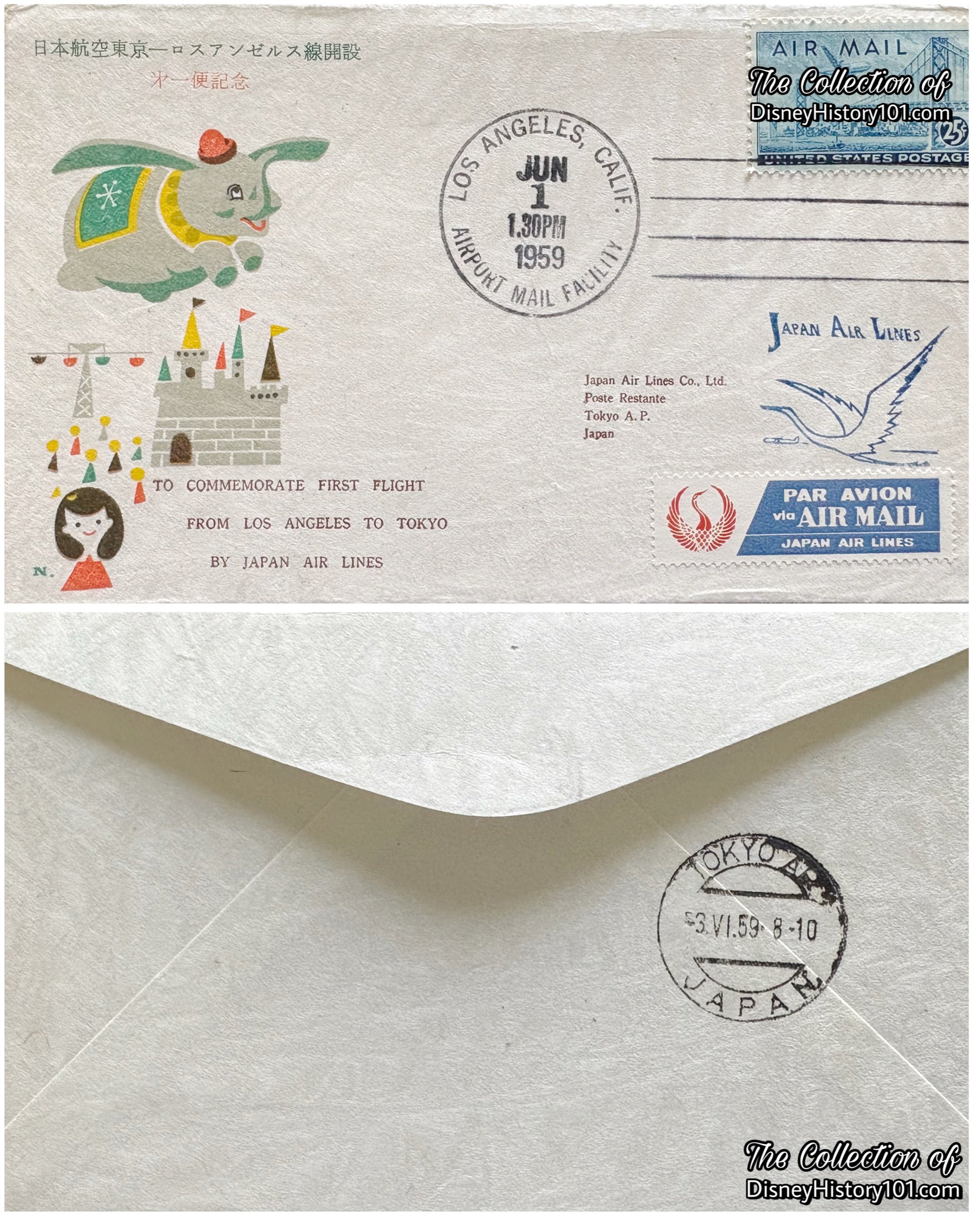 An envelope commemorating the inaugural flight of Japan Airlines from Tokyo to Los Angeles featured Walt Disney's Dumbo soaring over the Skyway and Sleeping Beauty Castle at Disneyland.