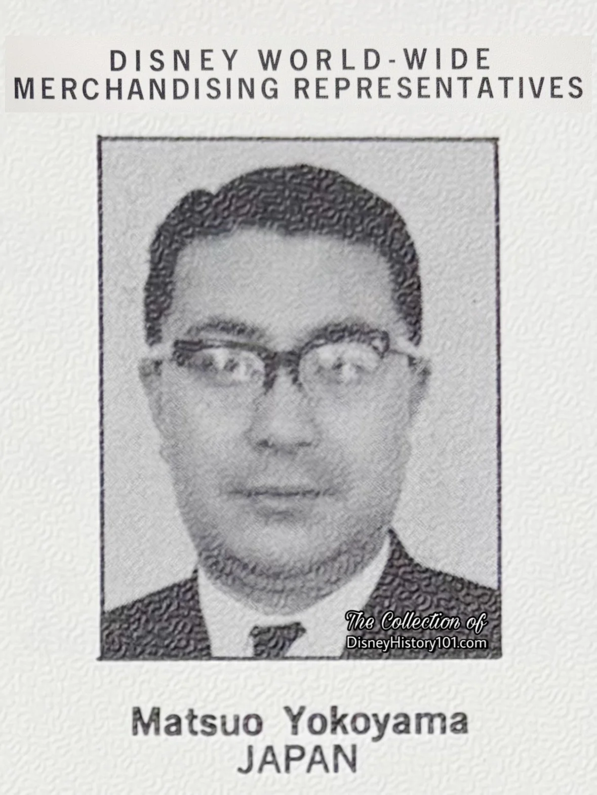 Walt Disney Productions World-Wide Merchandising Representative Matsuo Yokoyama as he appeared in the 1968 WDP International Merchandising Convention Publication.