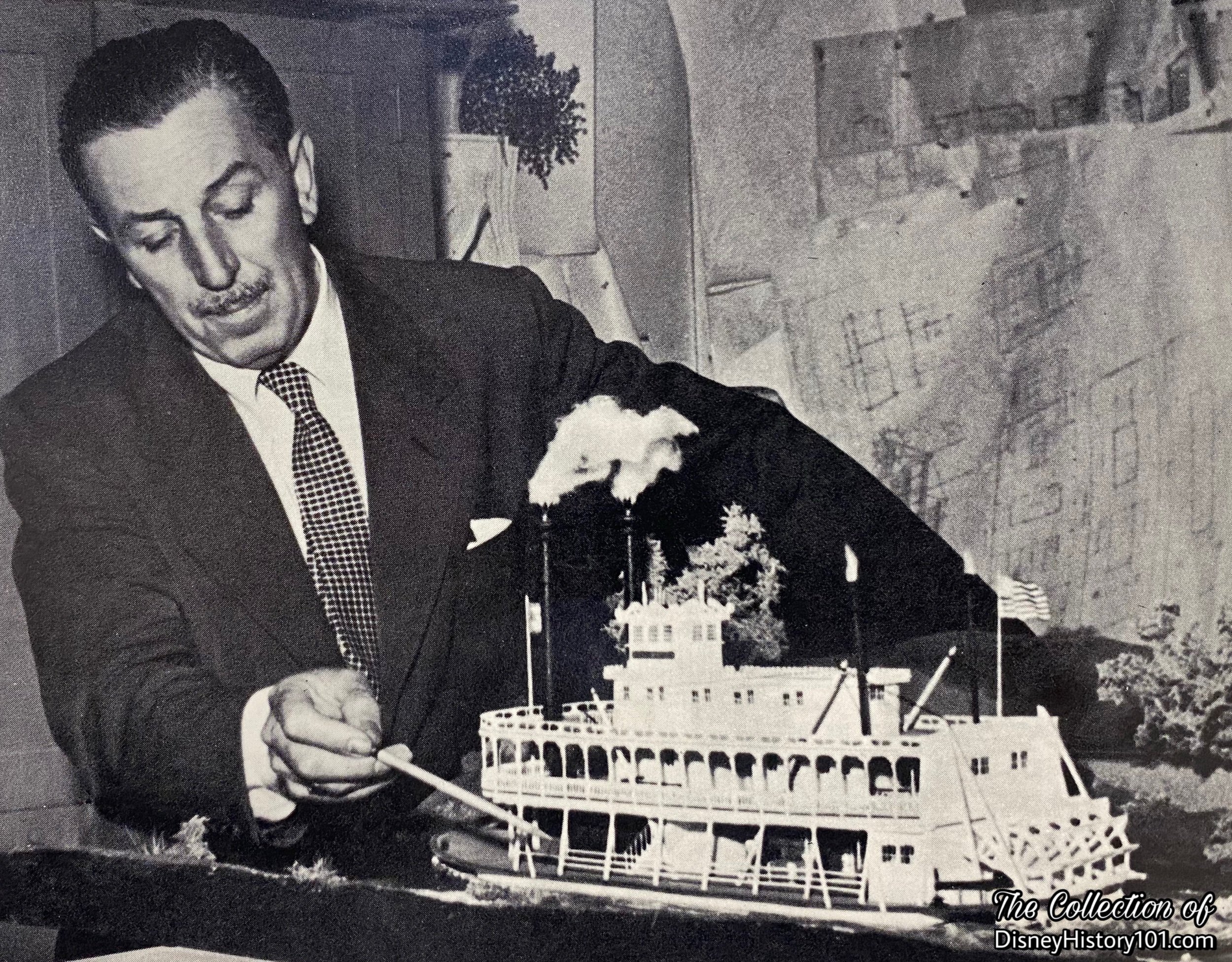 Detailed scale models were a key part in the "Imagineering" of the Mississippi paddle-wheeler, Mark Twain; Disneyland: The First Quarter Century, © 1979 Walt Disney Productions.