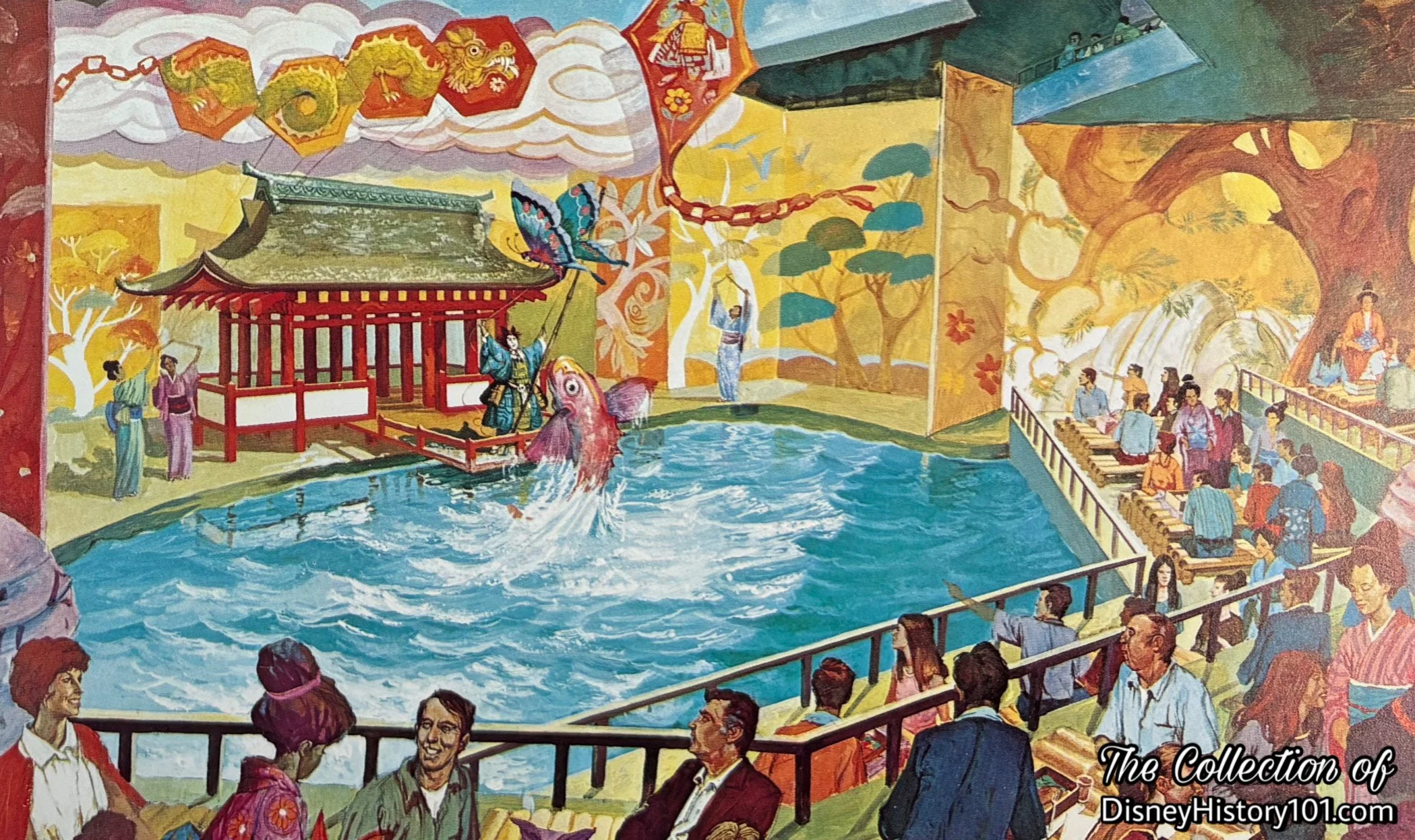 “A unique restaurant offers visitors delicious tastings of the cuisine of the Orient along with a delightful stage show, which is one of  Large inner lakes served.”