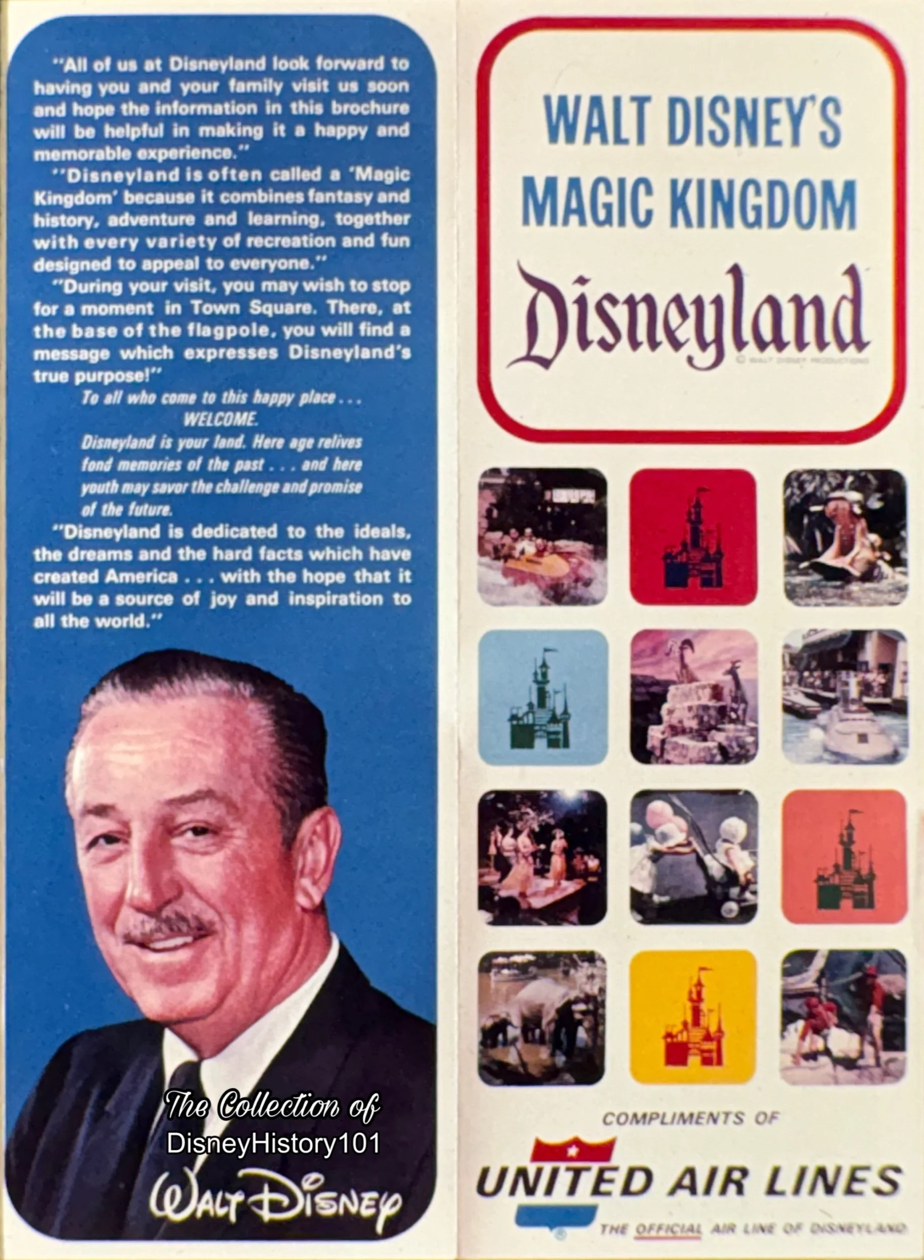 A contemporaneous brochure touts Disneyland Partner United Airlines.