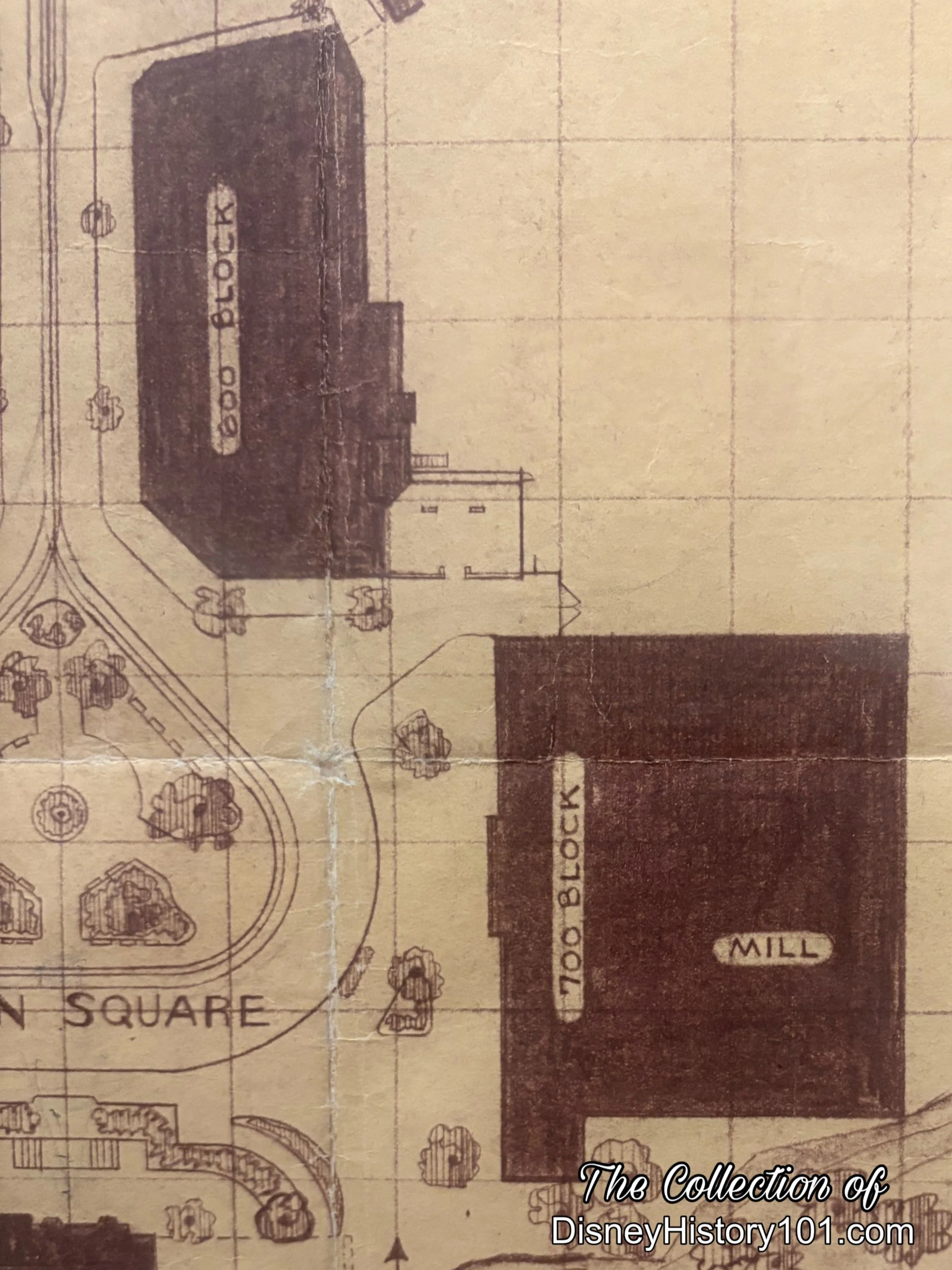This late 1950s Plot Plan depicts the coffee shop space as separate from the 800 Block of Main Street U.S.A.