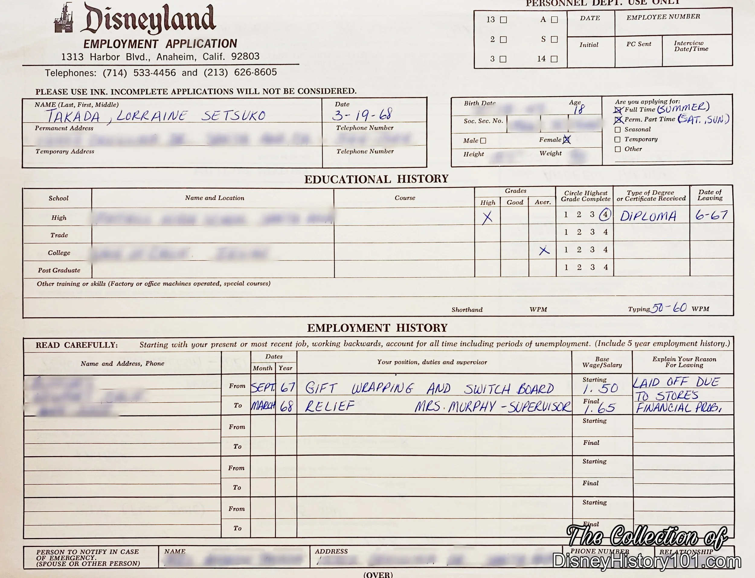 A young Lorraine Takada filled out this Disneyland Employment Application for a summer position during summer 1968.