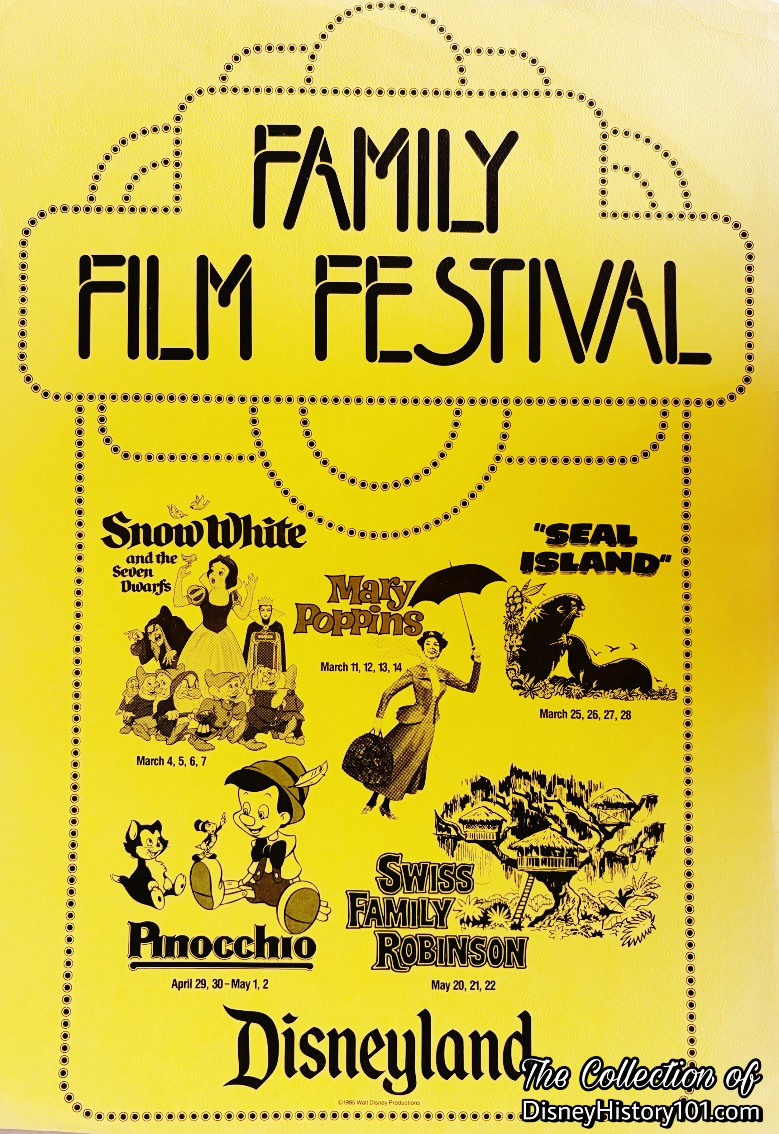 An advertisement for the 1985 Springtime Family Film Festival at Disneyland 