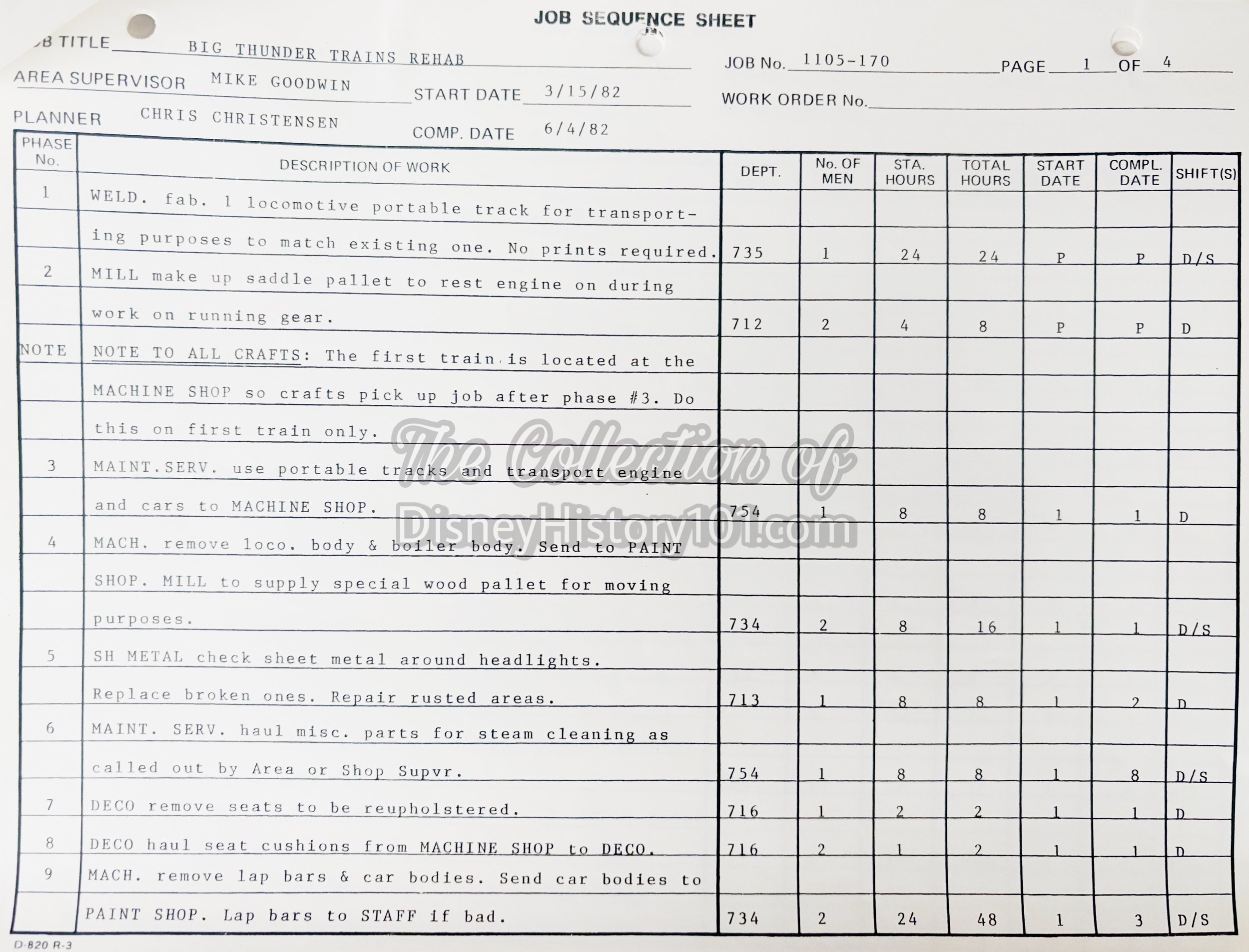 Big Thunder Trains Rehab Job Sequence Sheet, Page 1; 1982.