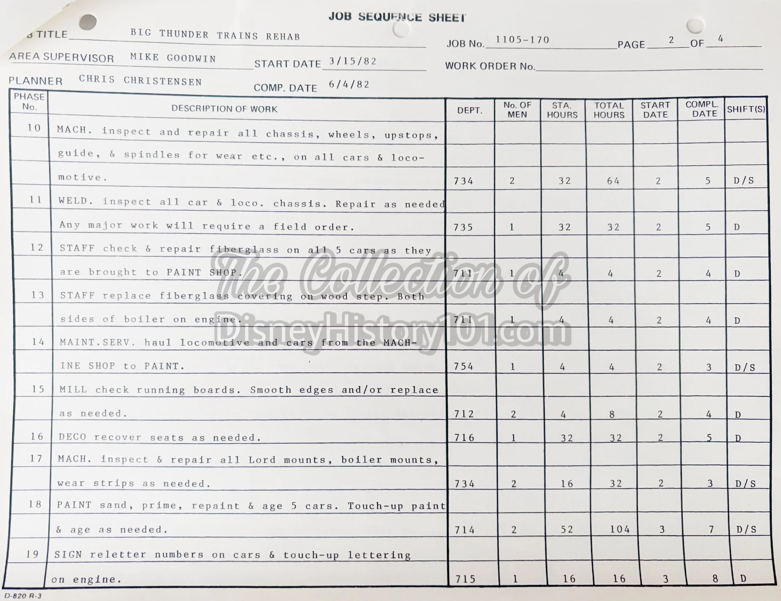 Big Thunder Trains Rehab Job Sequence Sheet, Page 2; 1982.