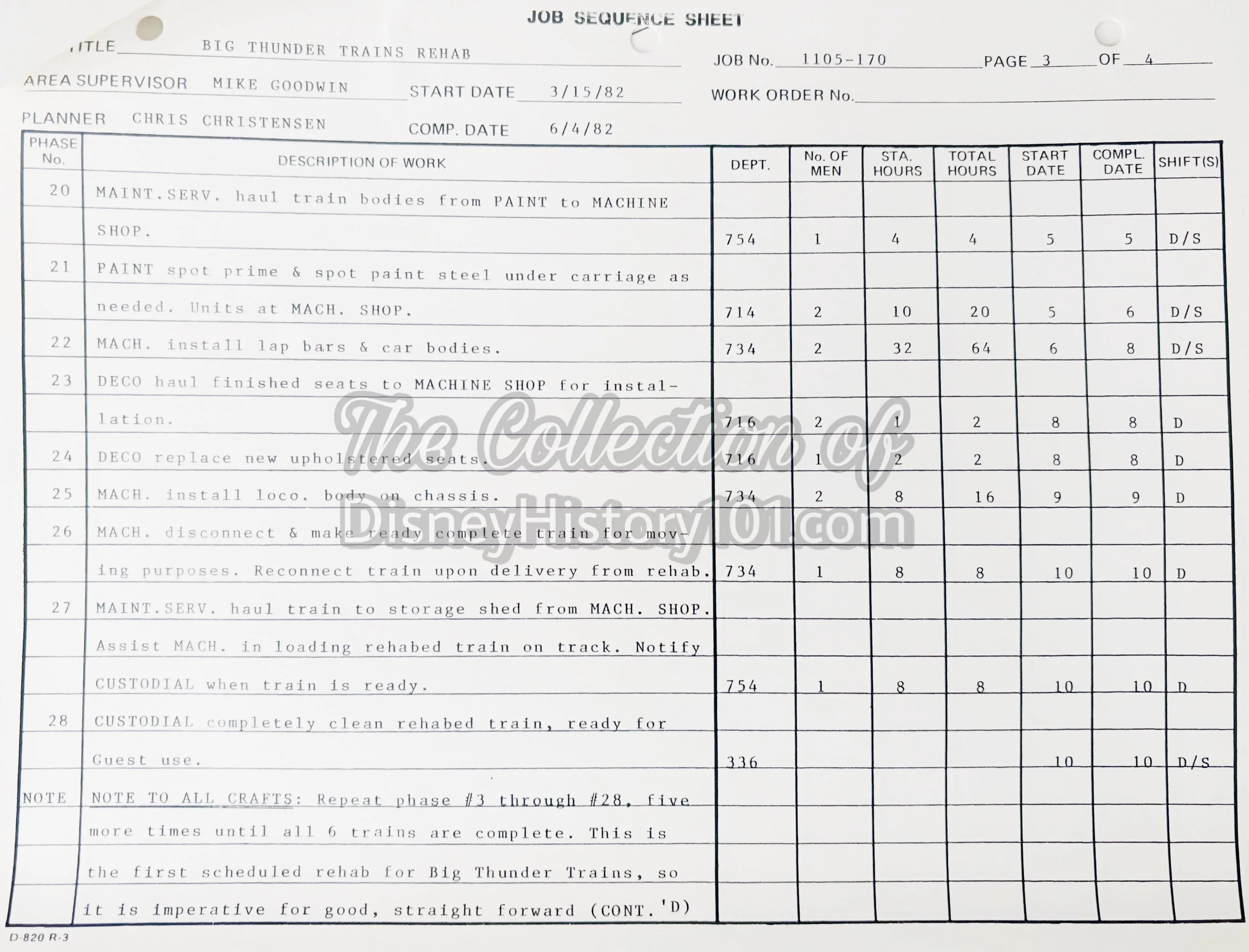 Big Thunder Trains Rehab Job Sequence Sheet, Page 3; 1982.