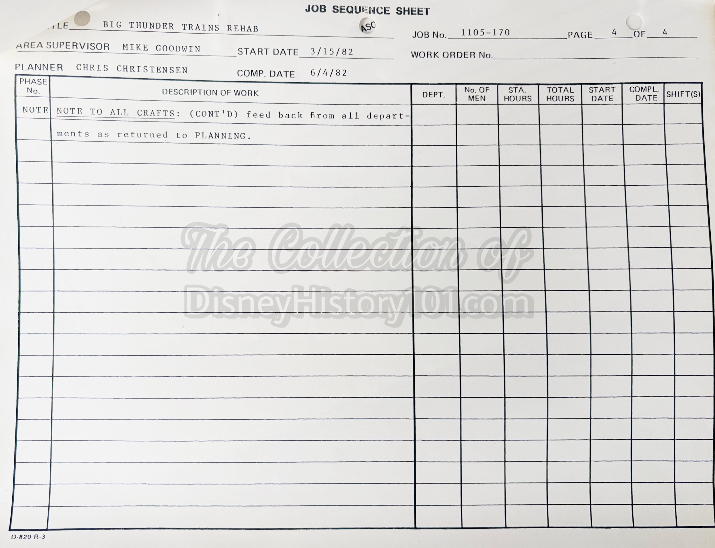 Big Thunder Trains Rehab Job Sequence Sheet, Page 4; 1982.