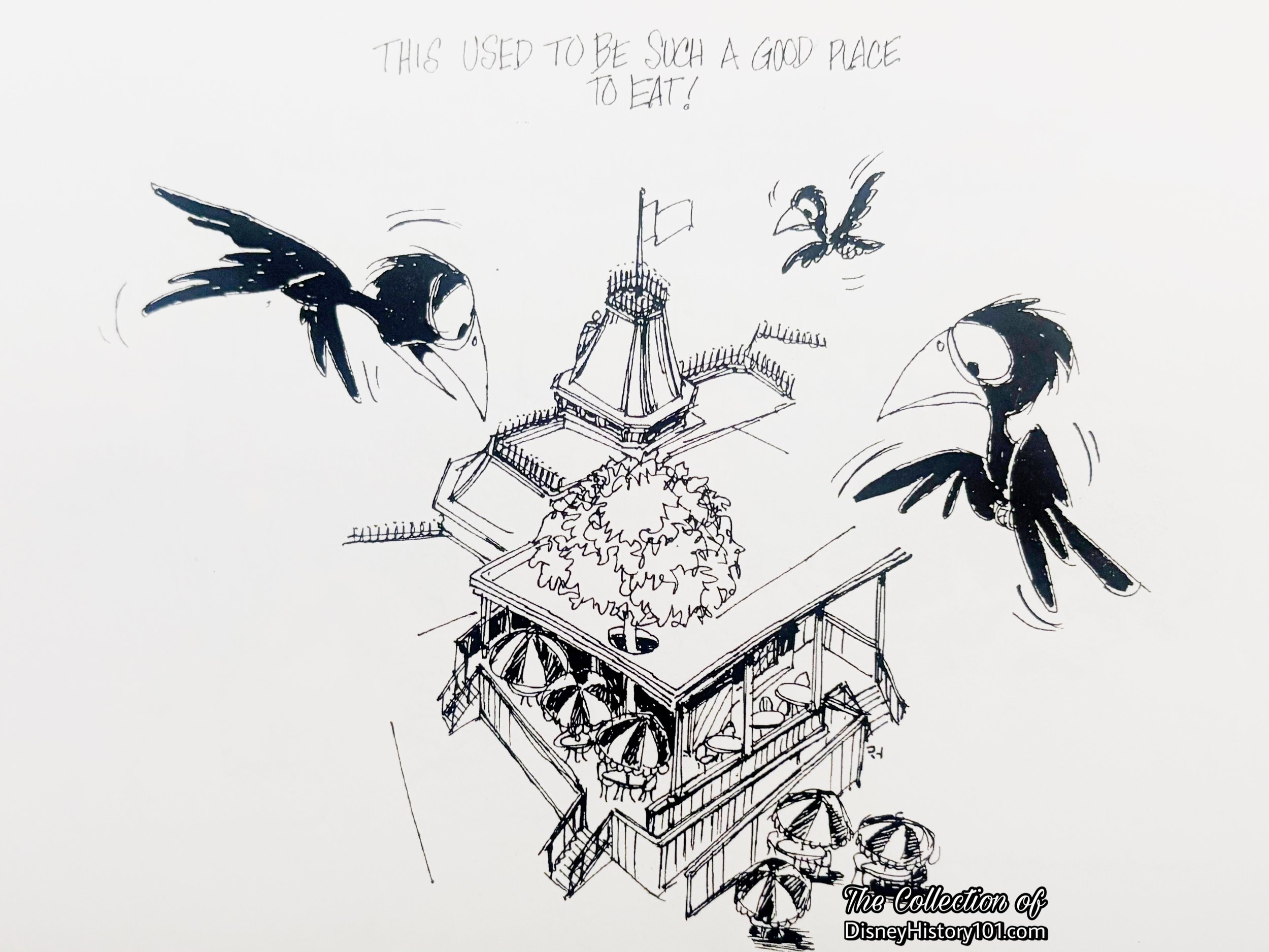 No one will be feeding the birds on the East side of the Plaza, in this cartoon from “The Official 50th Anniversary Cartoon Book” by Ray Haller.