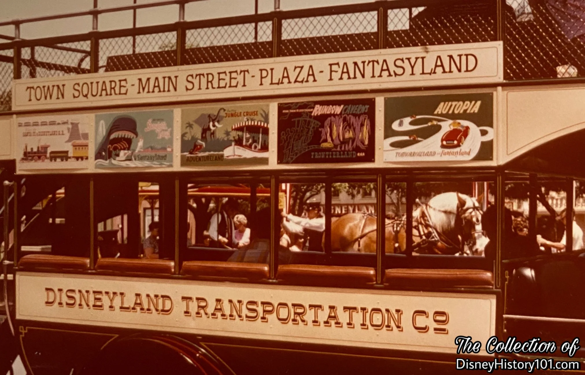 Disneyland Documentational Image focusing on the “Disneyland Transportation Co.” sign on the Omnibus.