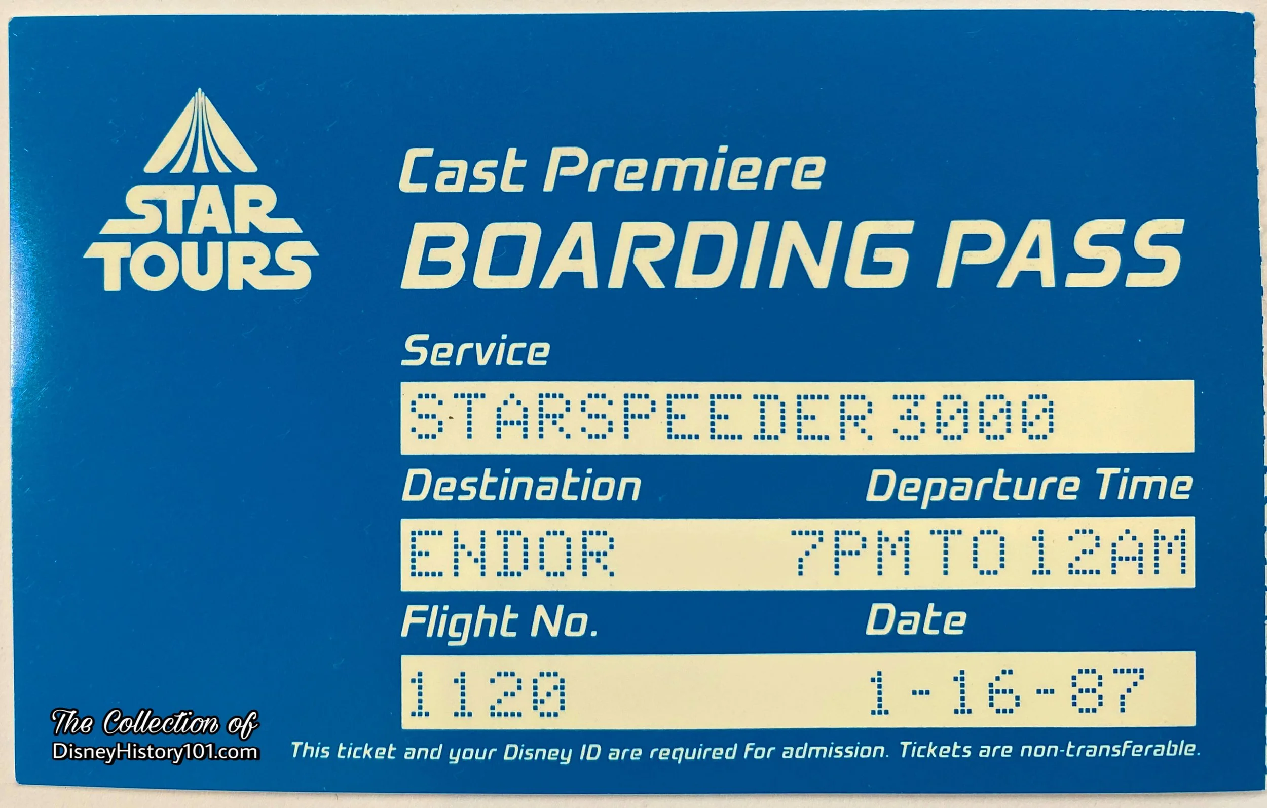 A “Star Tours Cast Premier” Boarding Pass (dated January 16, 1987) with its Ticket Stub removed.