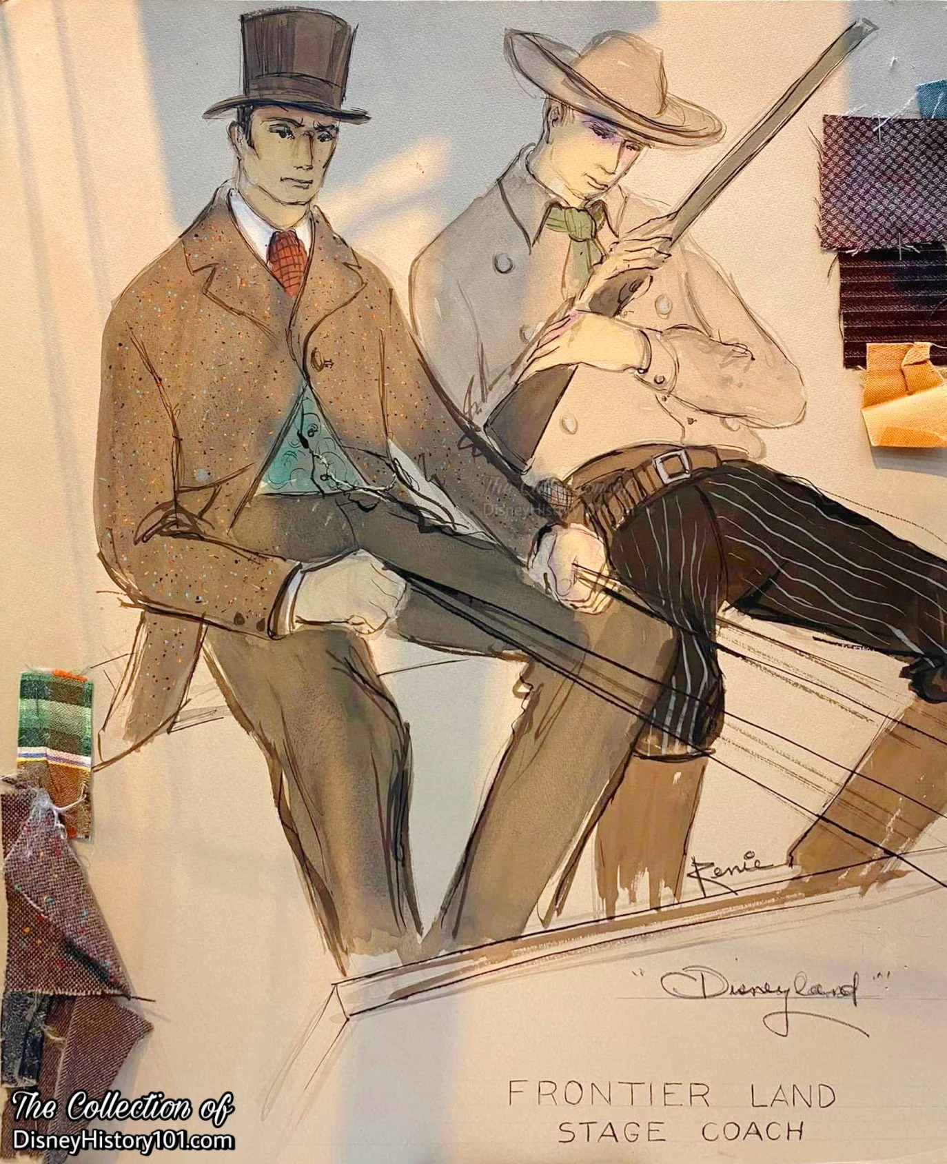 “Frontier Land Stage Coach” Cast Member costume designs with fabric samples by Rénie Conley; 1955.